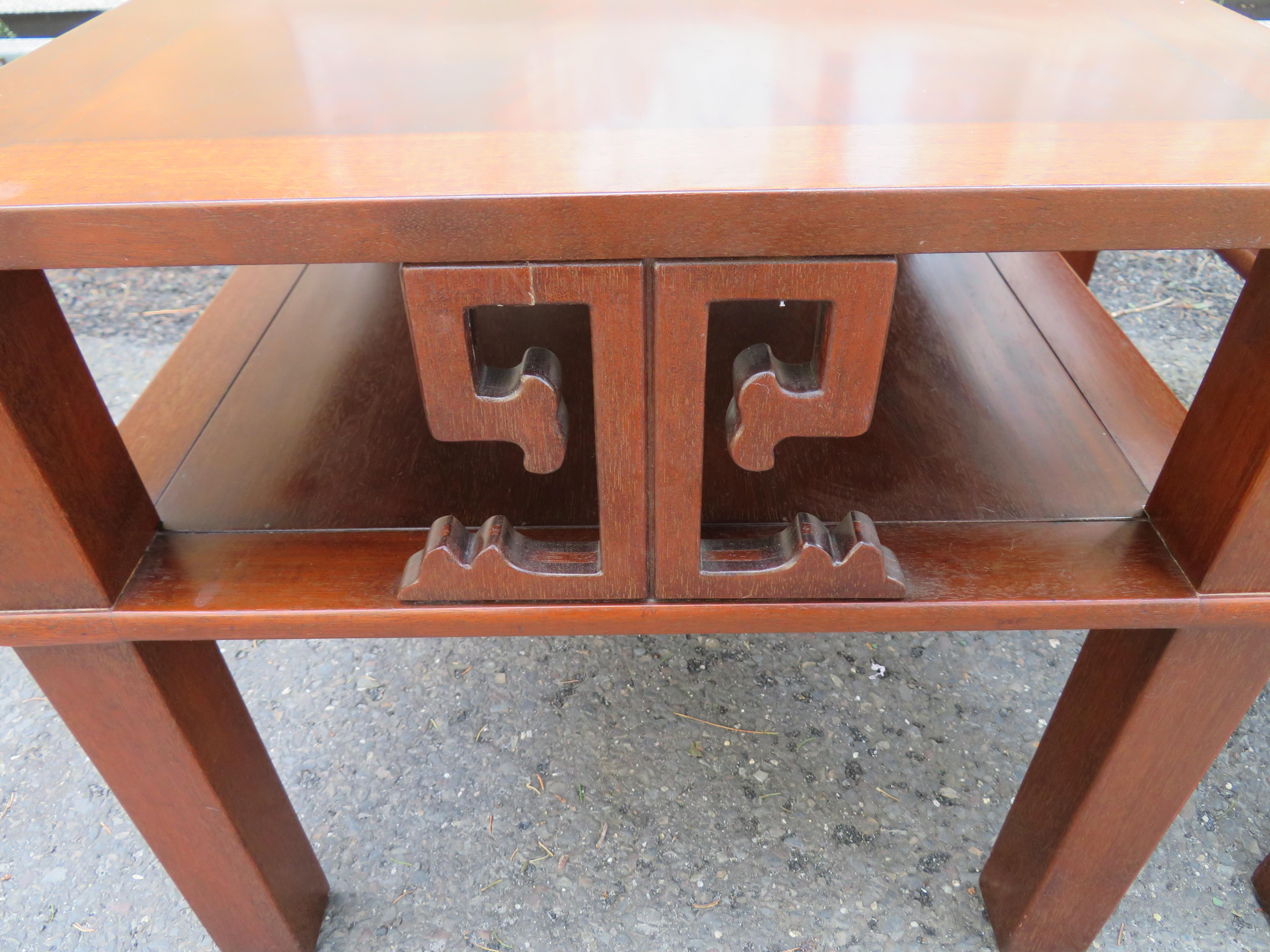 Mid-Century Modern Handsome Pair of Heritage Henredon Asian End Table/ Night Stands Flame Mahogany