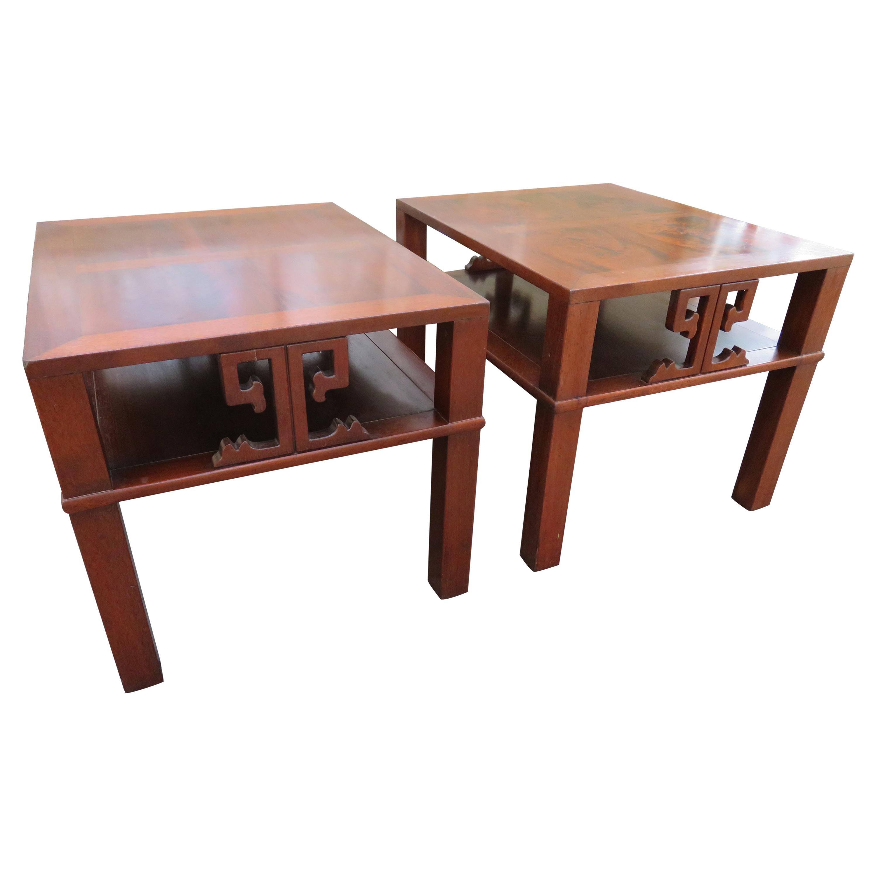 Handsome Pair of Heritage Henredon Asian End Table/ Night Stands Flame Mahogany