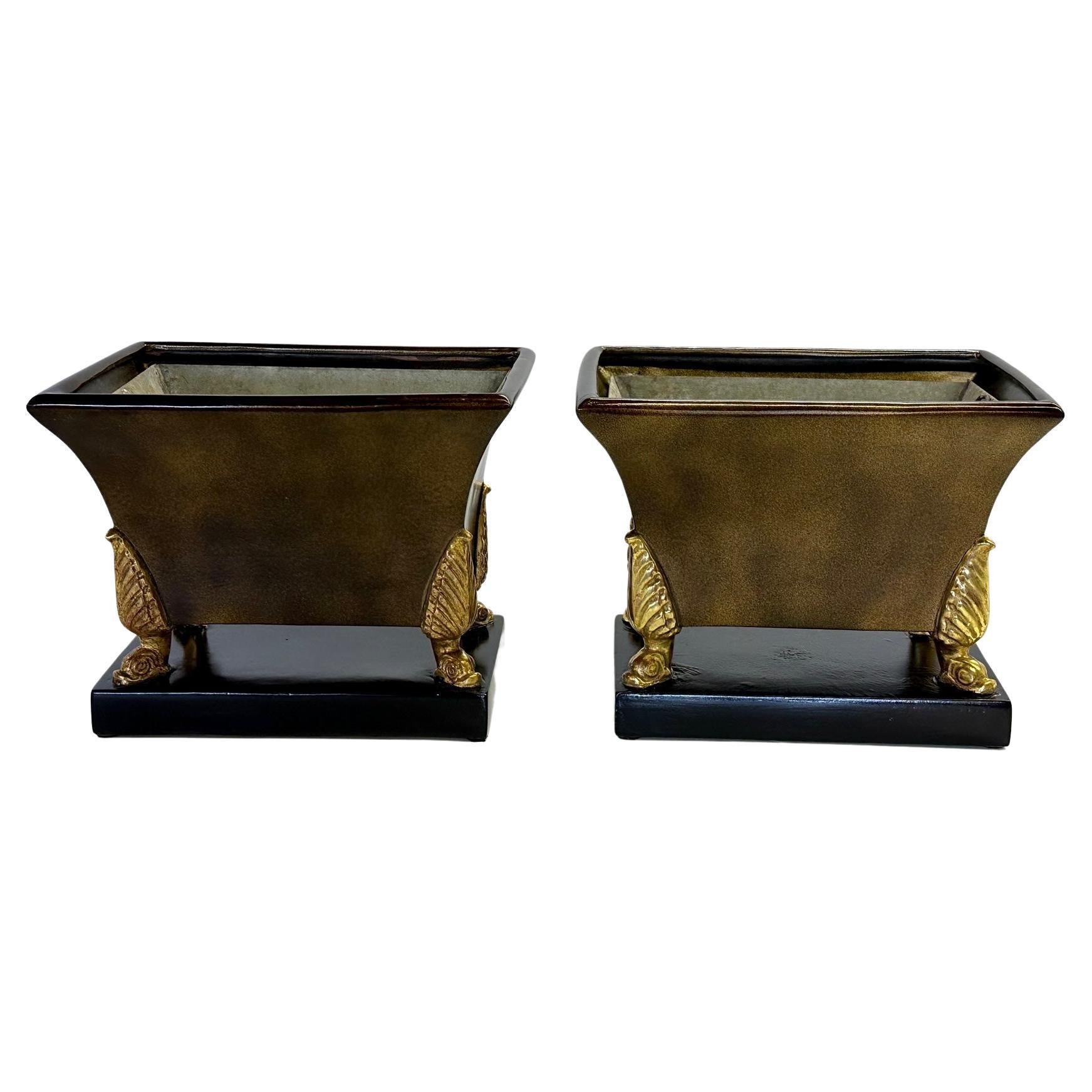 Handsome Pair of Italian Regency Style Painted & Glazed Terracotta Planters For Sale
