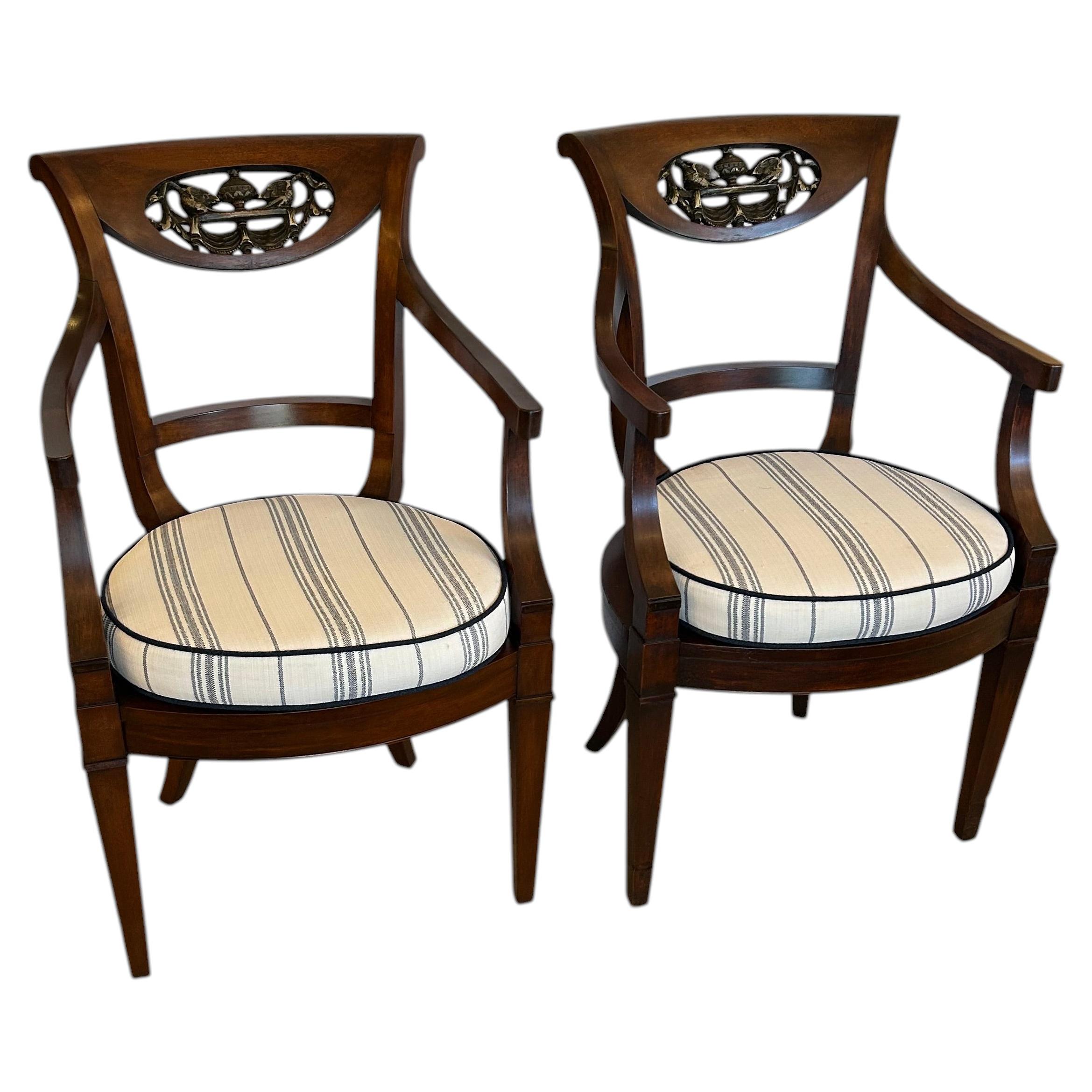 Handsome Pair of Italian Regency Walnut Armchairs with Caned Seats For Sale