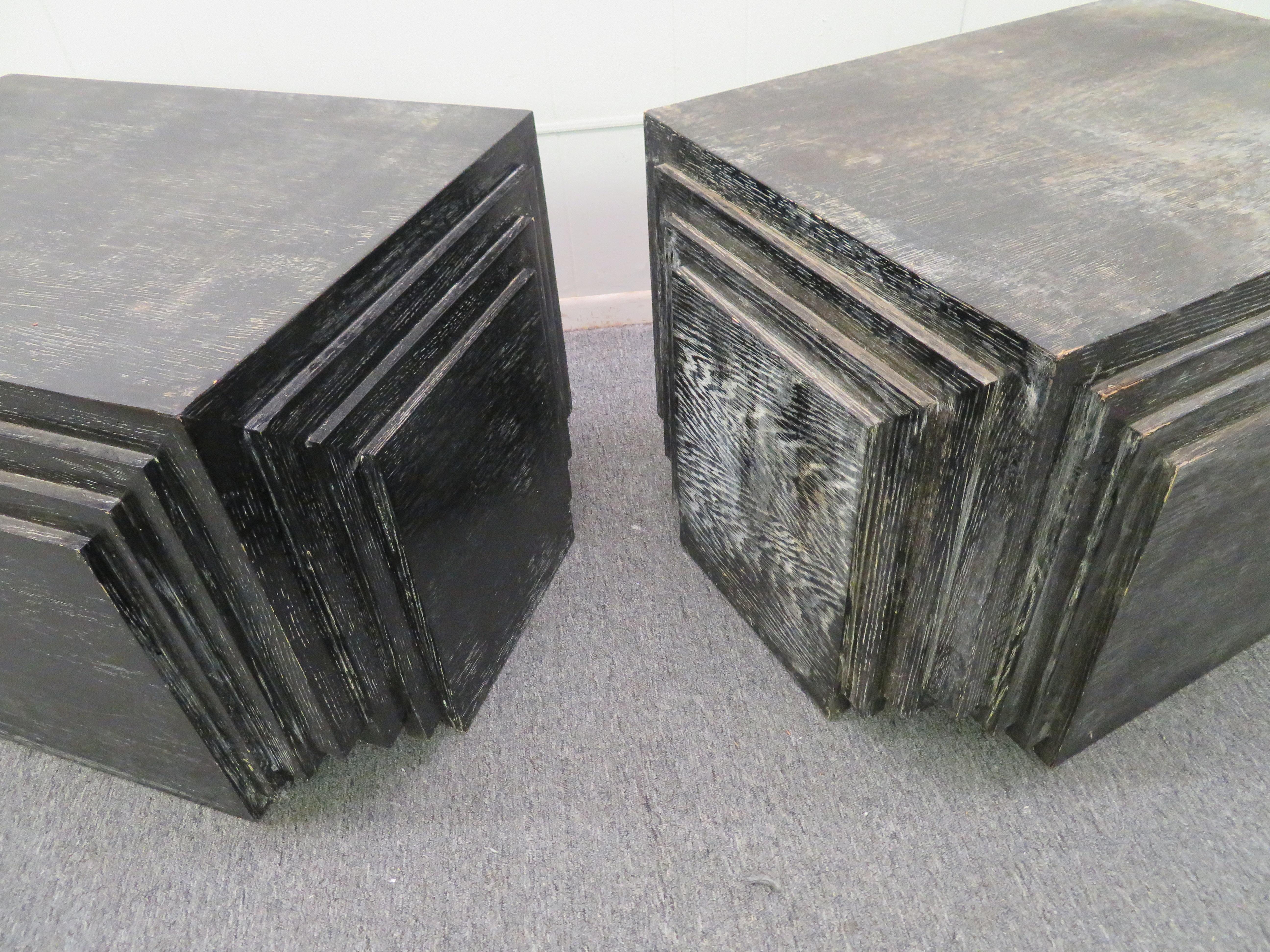 Handsome Pair of James Mont Style Stacked Pyramid Cerused End Tables For Sale 4