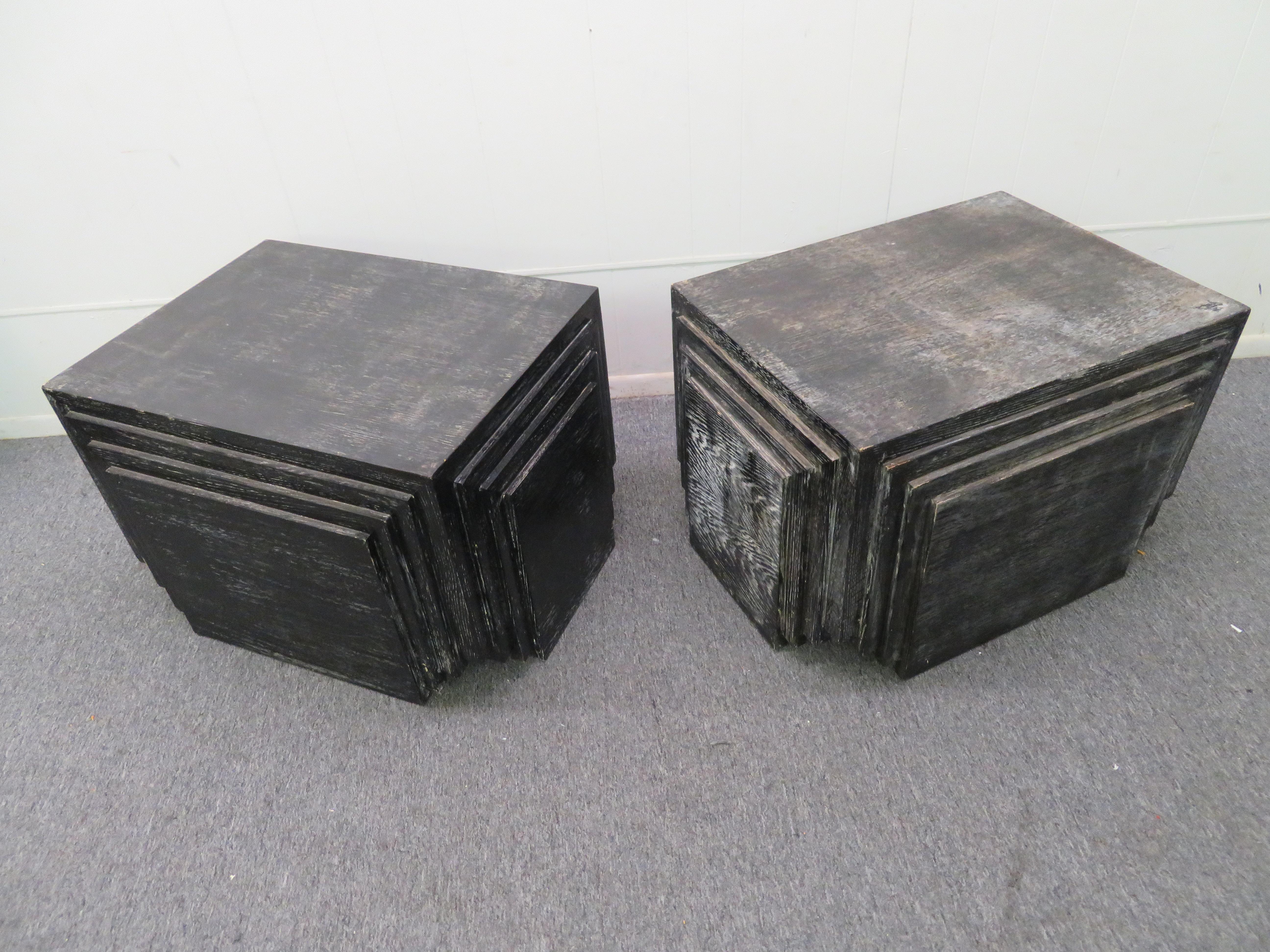 Handsome Pair of James Mont Style Stacked Pyramid Cerused End Tables For Sale 7