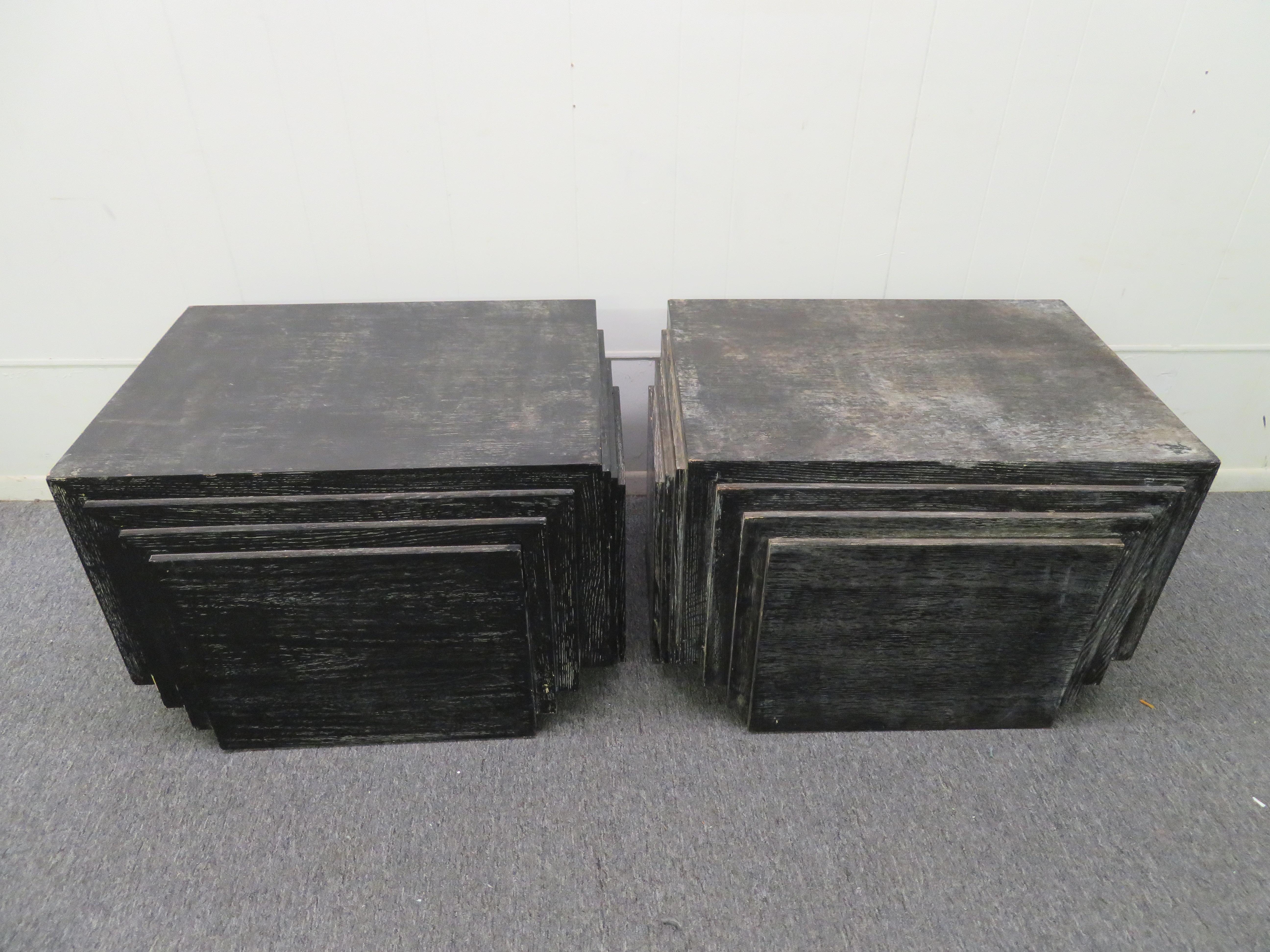 Handsome Pair of James Mont Style Stacked Pyramid Cerused End Tables For Sale 9
