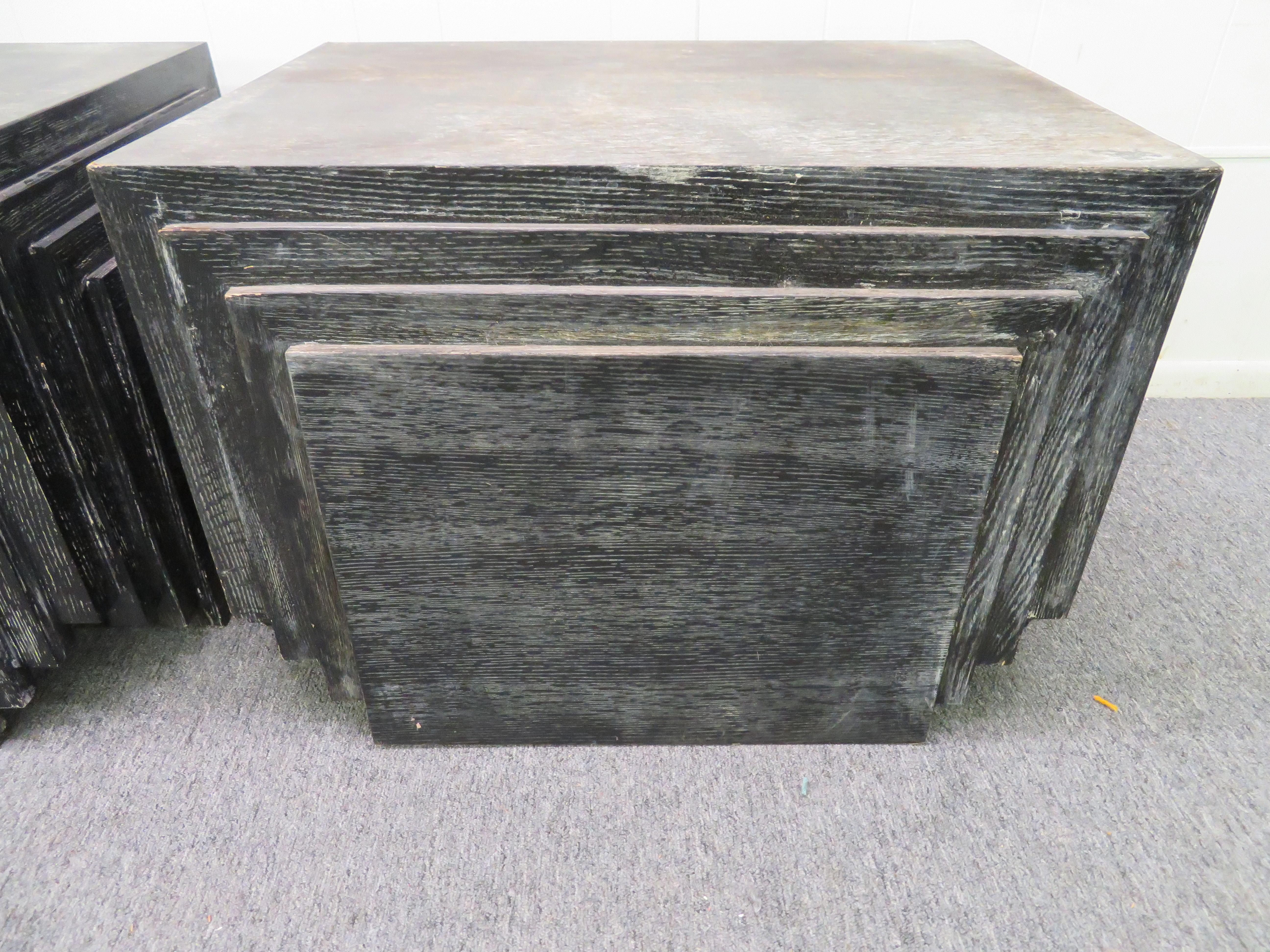 Mid-20th Century Handsome Pair of James Mont Style Stacked Pyramid Cerused End Tables For Sale