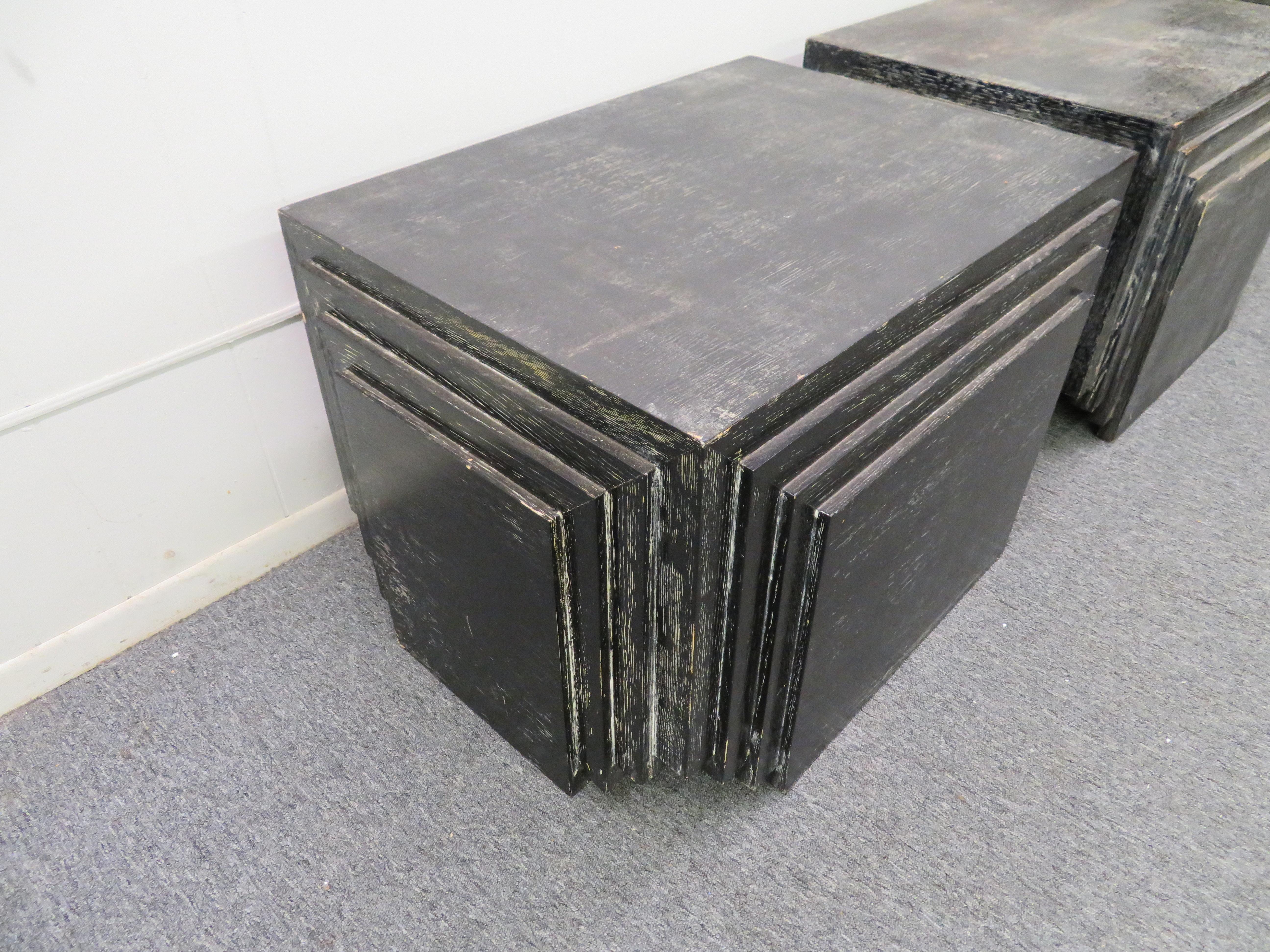 Wood Handsome Pair of James Mont Style Stacked Pyramid Cerused End Tables For Sale