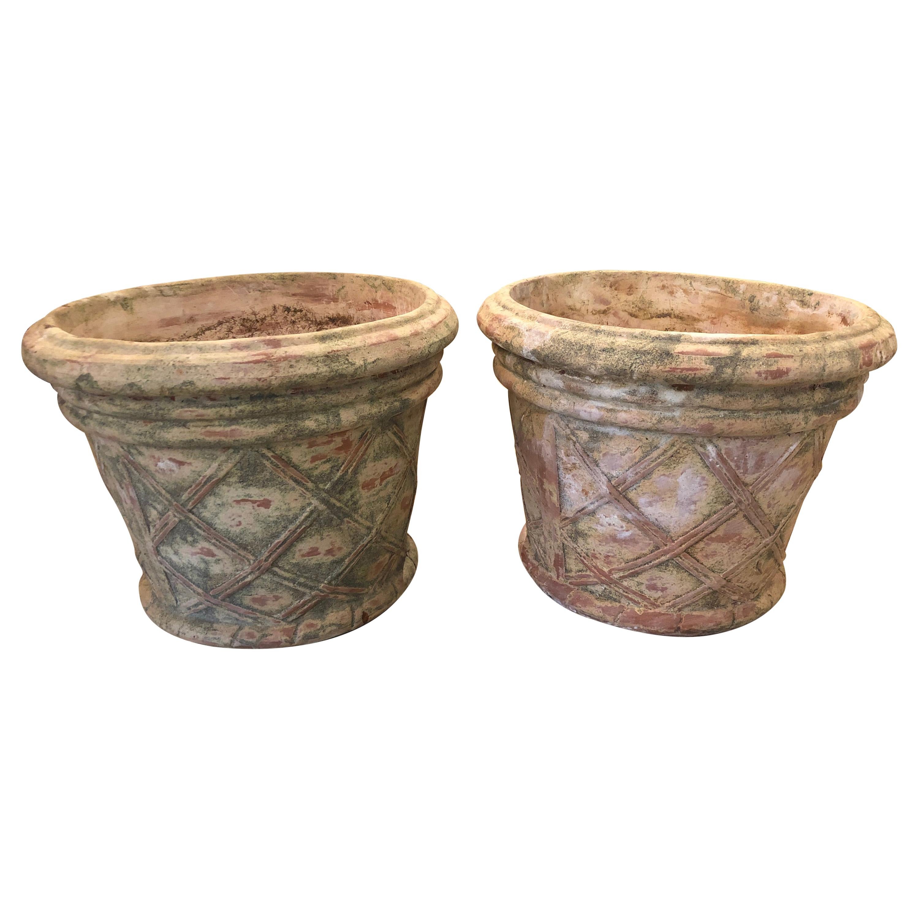 Handsome Pair of Lattice Decorated Terracotta Planters Urns
