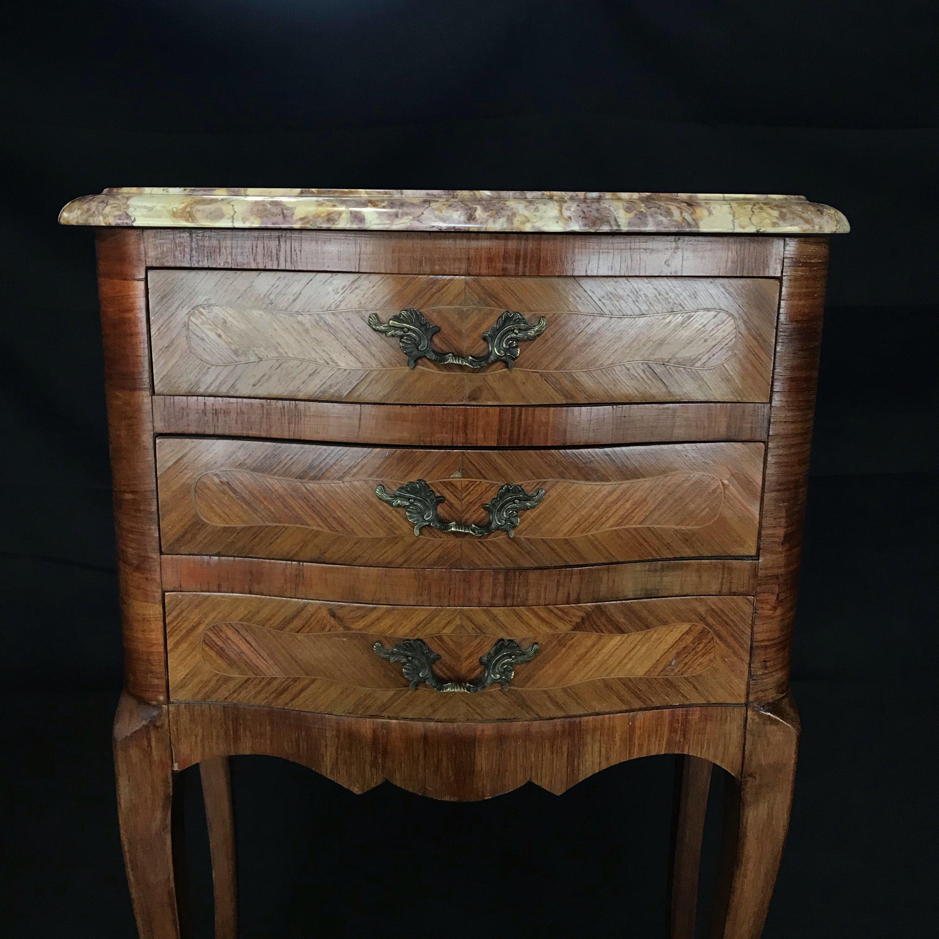 Handsome Pair of Louis XV Marble Top Inlaid Walnut and Bronze Night Stands 7