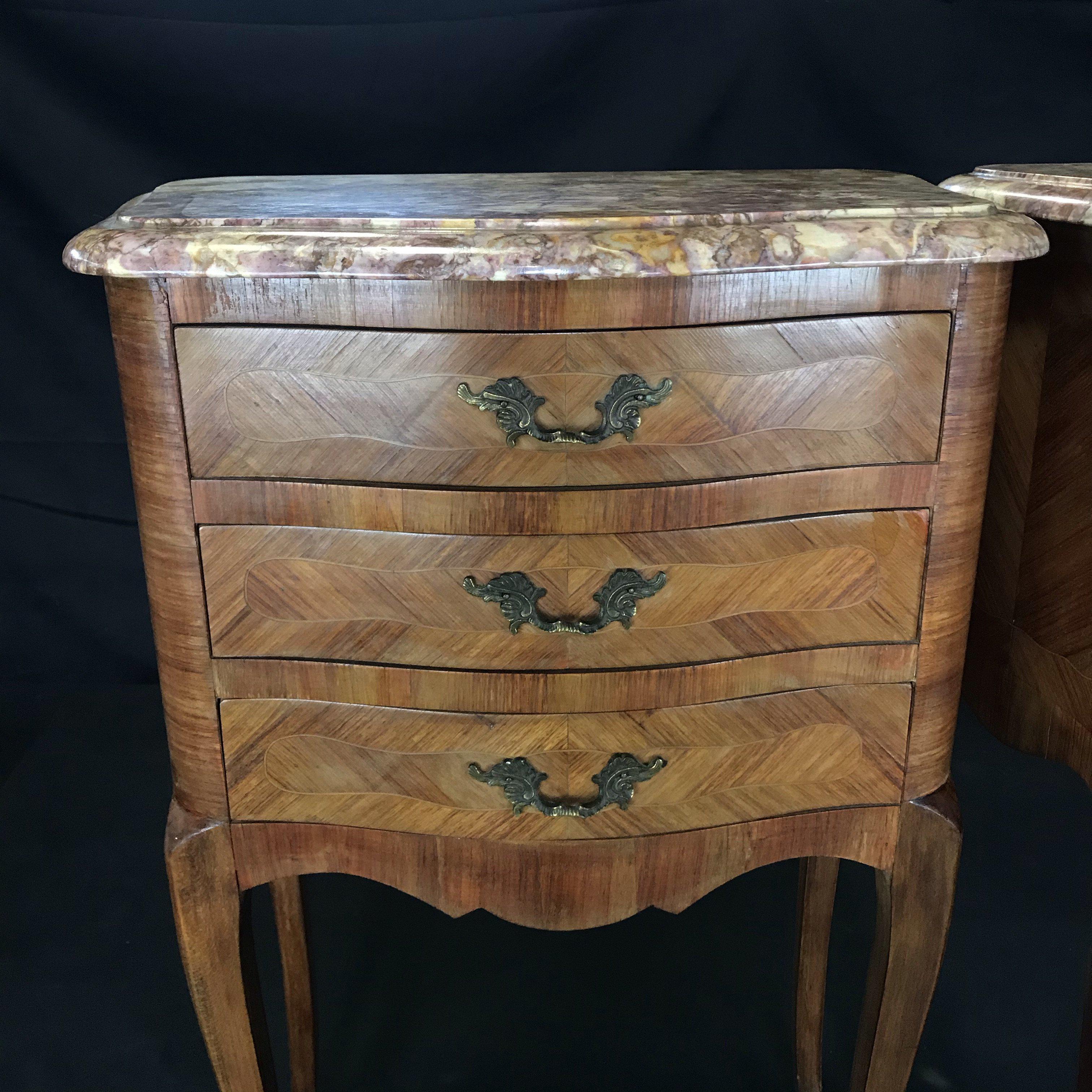 Handsome Pair of Louis XV Marble Top Inlaid Walnut and Bronze Night Stands 3