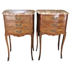 Handsome Pair of Louis XV Marble Top Inlaid Walnut and Bronze Night Stands