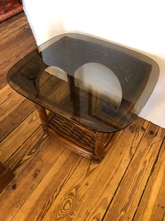 Handsome Pair of Mid-Century Modern Rattan and Smoky Glass End Tables