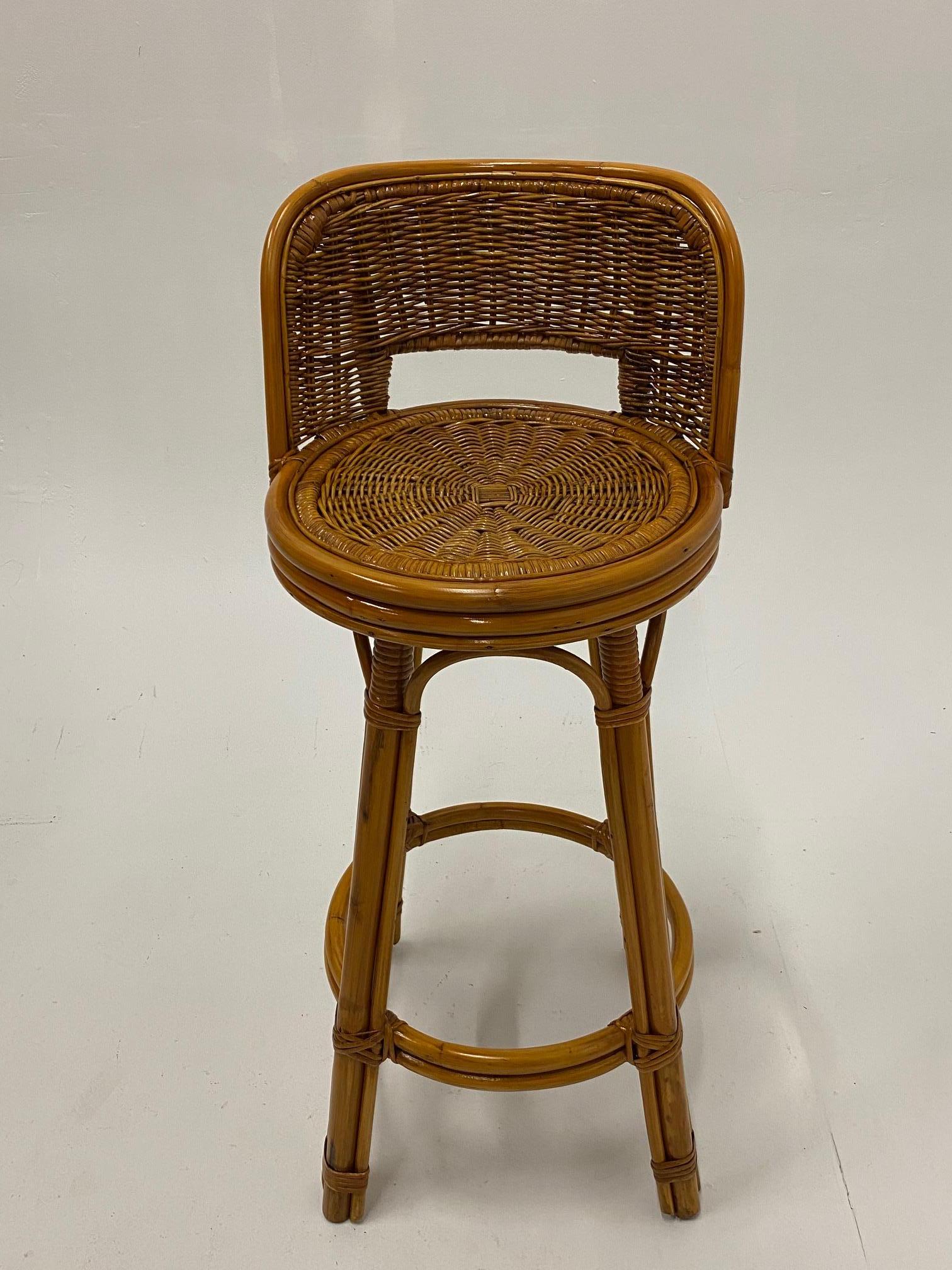Handsome Pair of Mid-Century Modern Woven Rattan Barstools For Sale 7