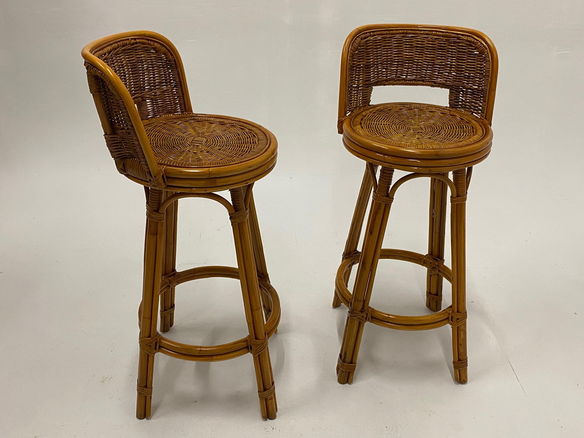Handsome Pair of Mid-Century Modern Woven Rattan Barstools For Sale 8
