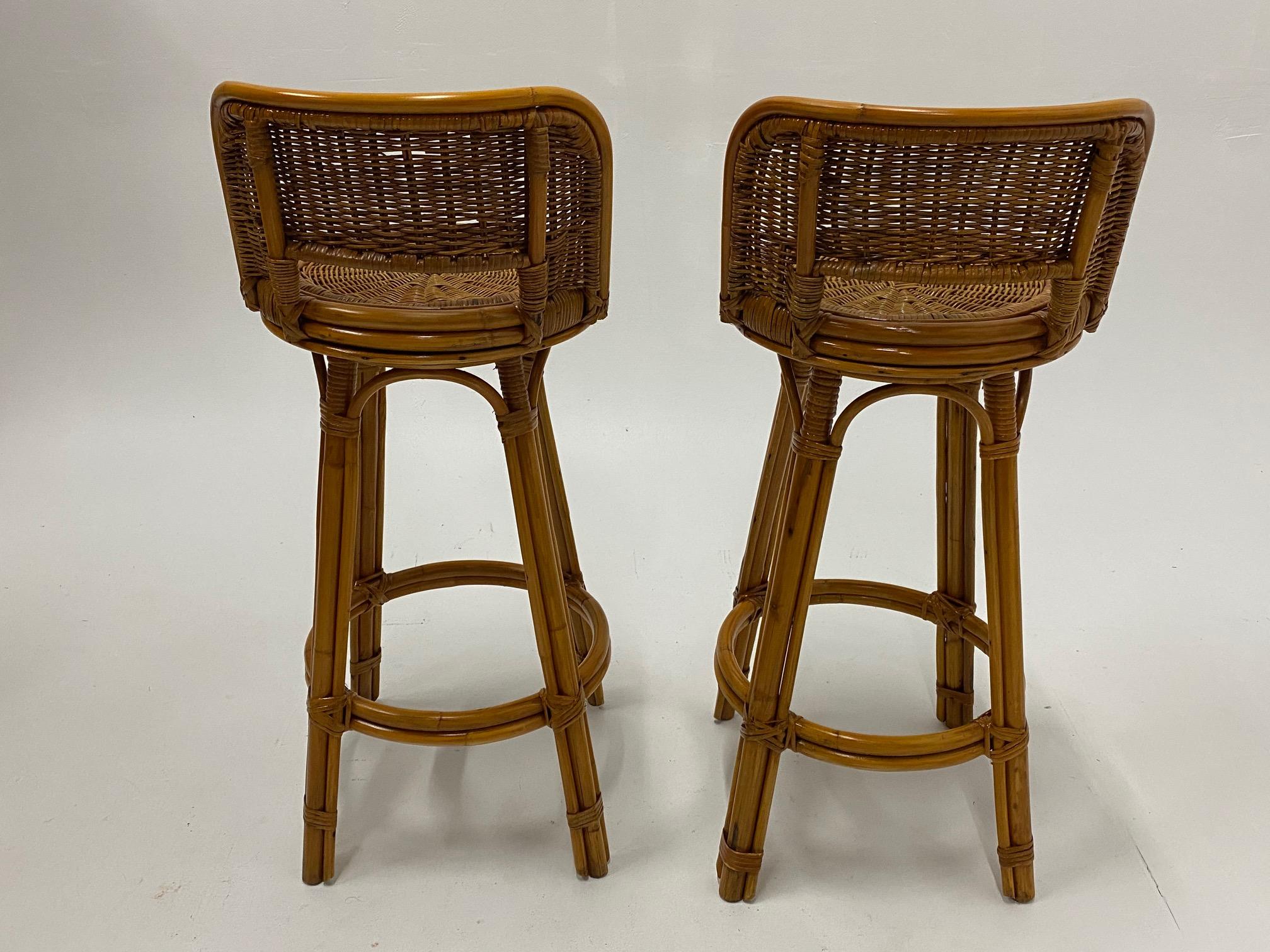 American Handsome Pair of Mid-Century Modern Woven Rattan Barstools For Sale