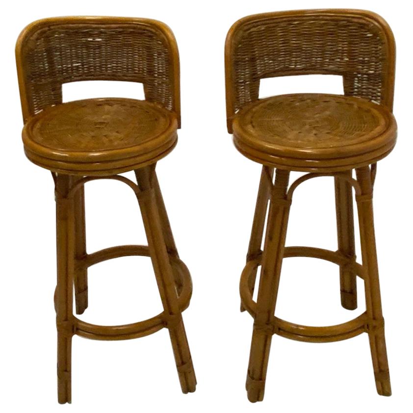Handsome Pair of Mid-Century Modern Woven Rattan Barstools For Sale