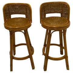 Handsome Pair of Mid-Century Modern Woven Rattan Barstools