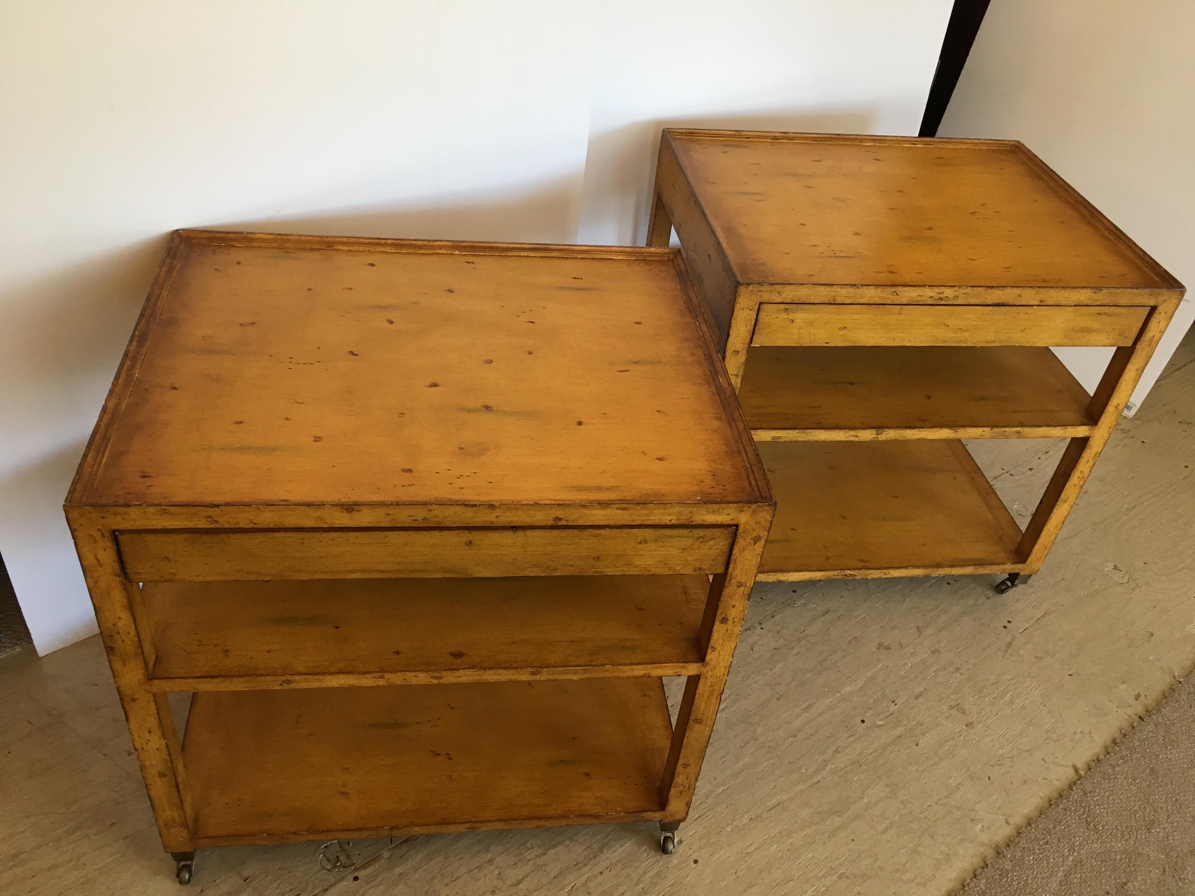 Handsome Pair of Mustard Mahogany Three-Tier Side Tables Nightstands with Drawer 3