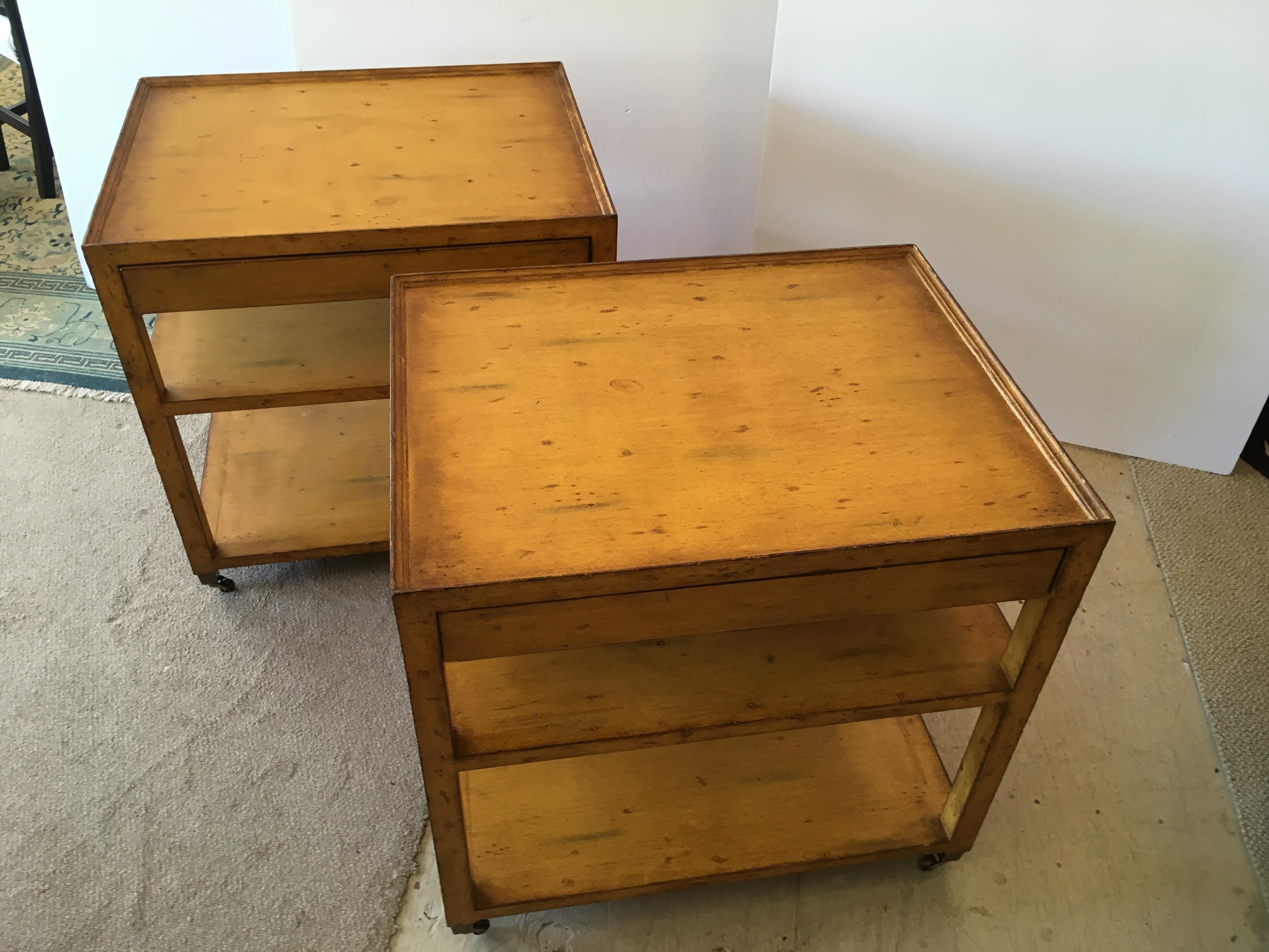 American Handsome Pair of Mustard Mahogany Three-Tier Side Tables Nightstands with Drawer