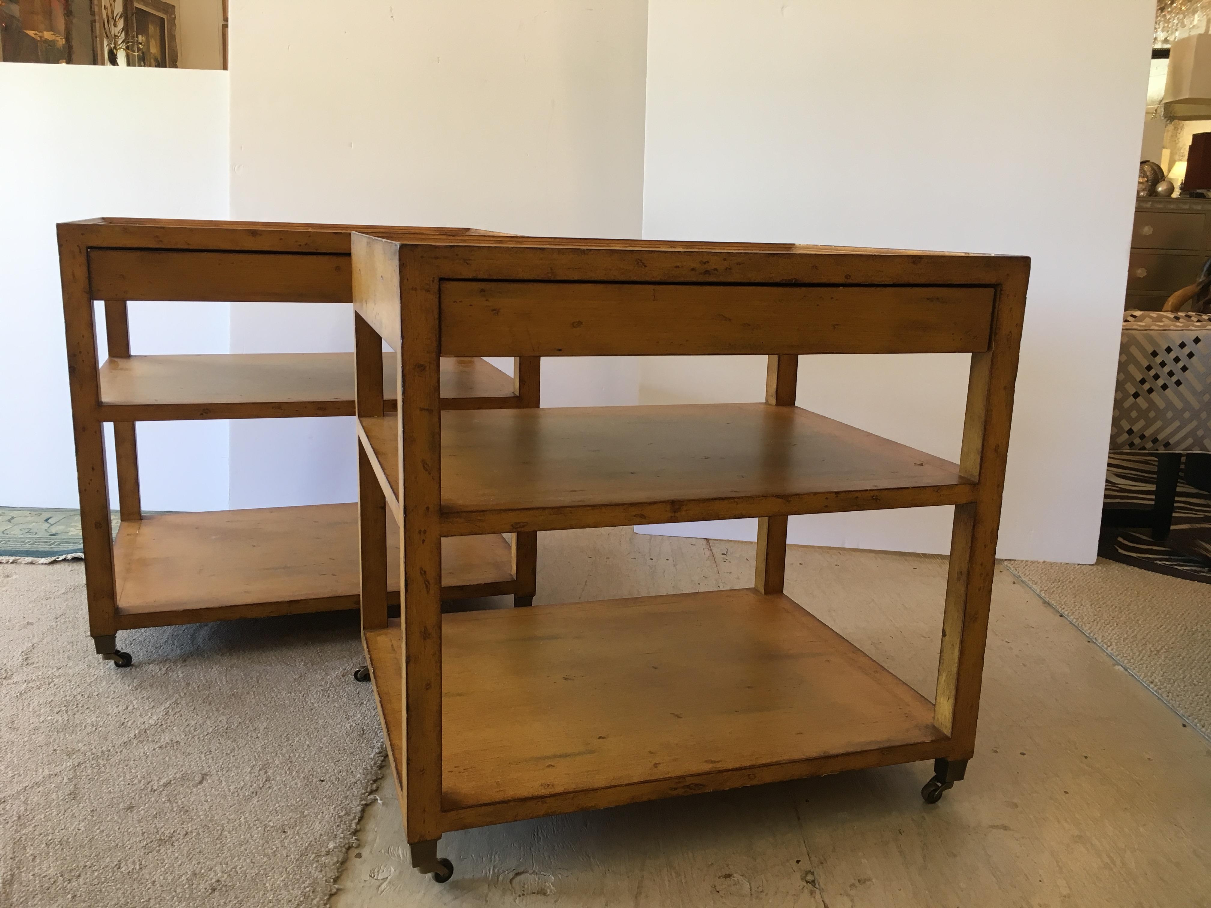 Handsome Pair of Mustard Mahogany Three-Tier Side Tables Nightstands with Drawer In Excellent Condition In Hopewell, NJ