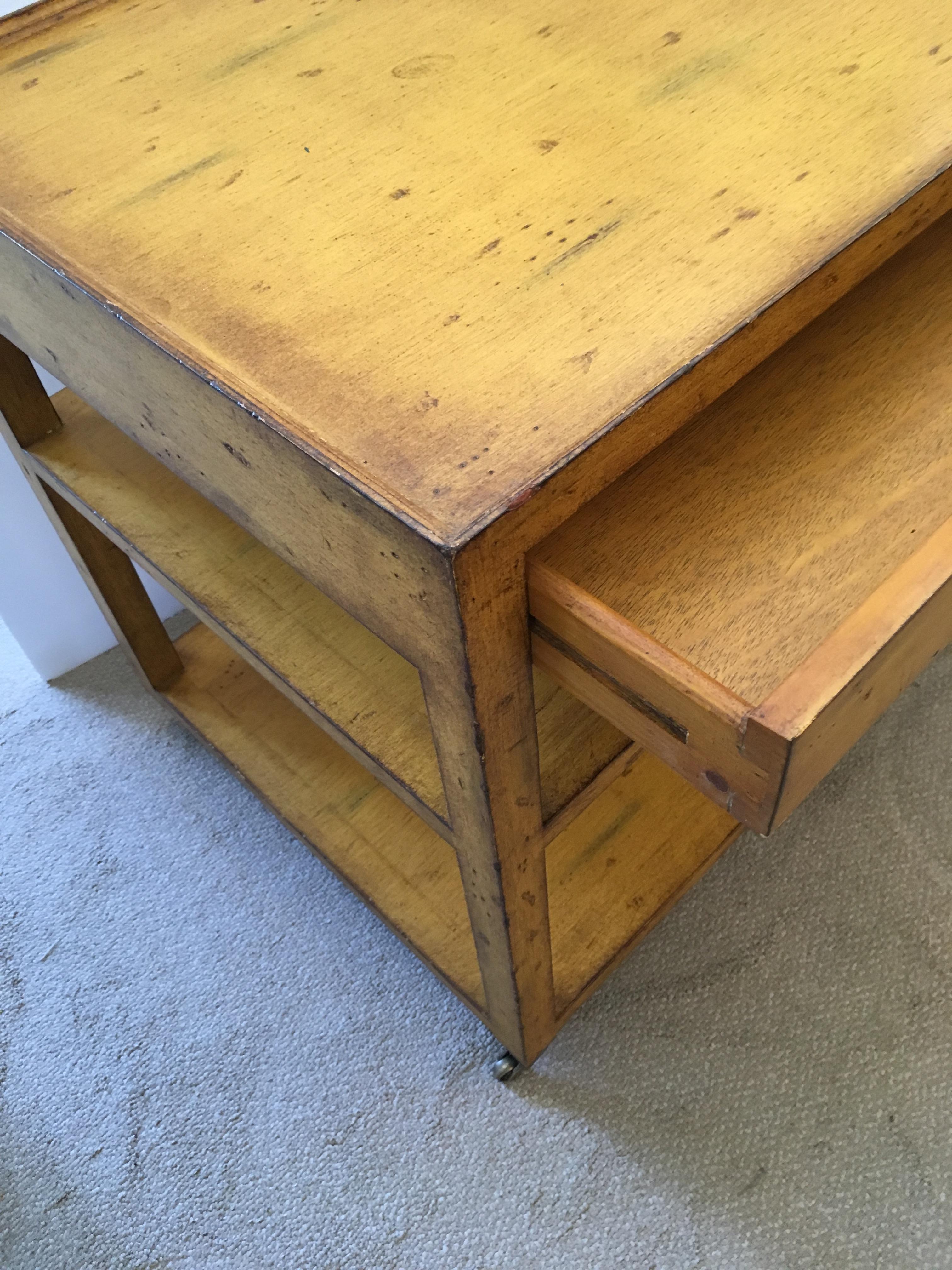 Late 20th Century Handsome Pair of Mustard Mahogany Three-Tier Side Tables Nightstands with Drawer
