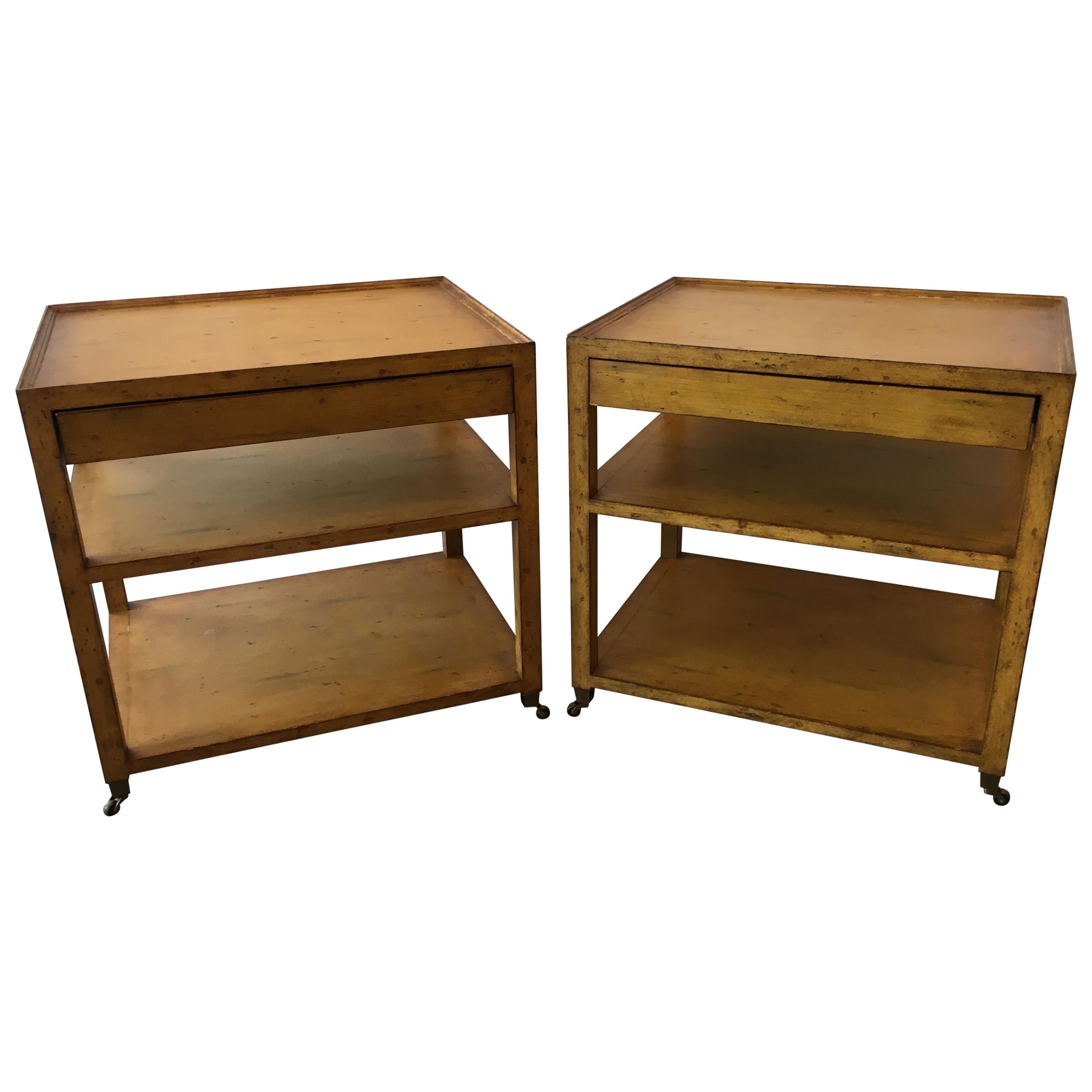 Handsome Pair of Mustard Mahogany Three-Tier Side Tables Nightstands with Drawer