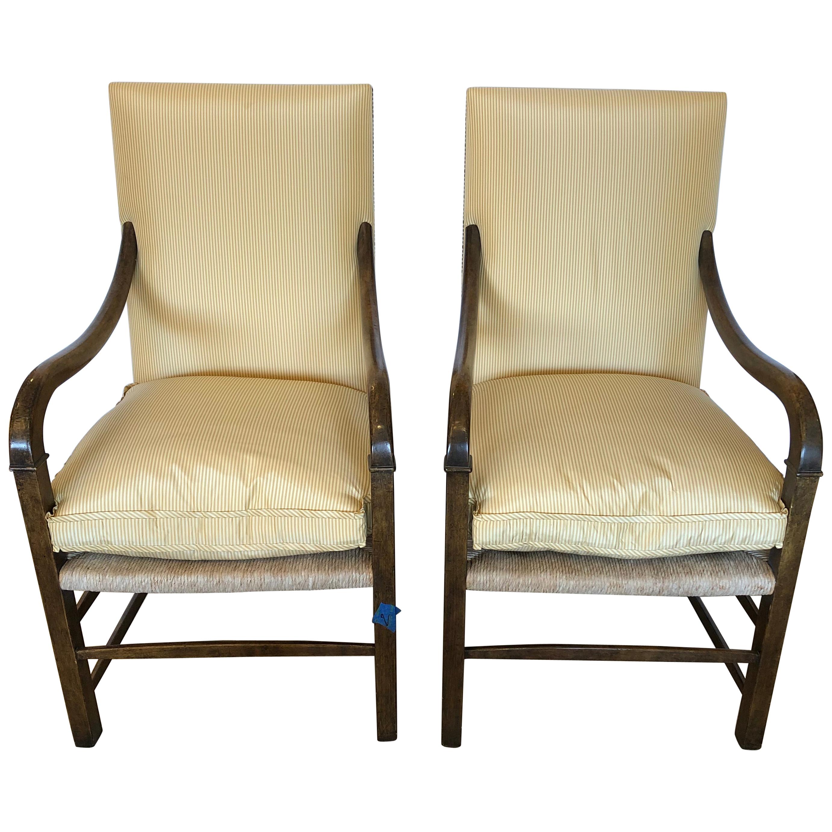 Handsome Pair of Nancy Corzine Rush Seat Upholstered Armchairs