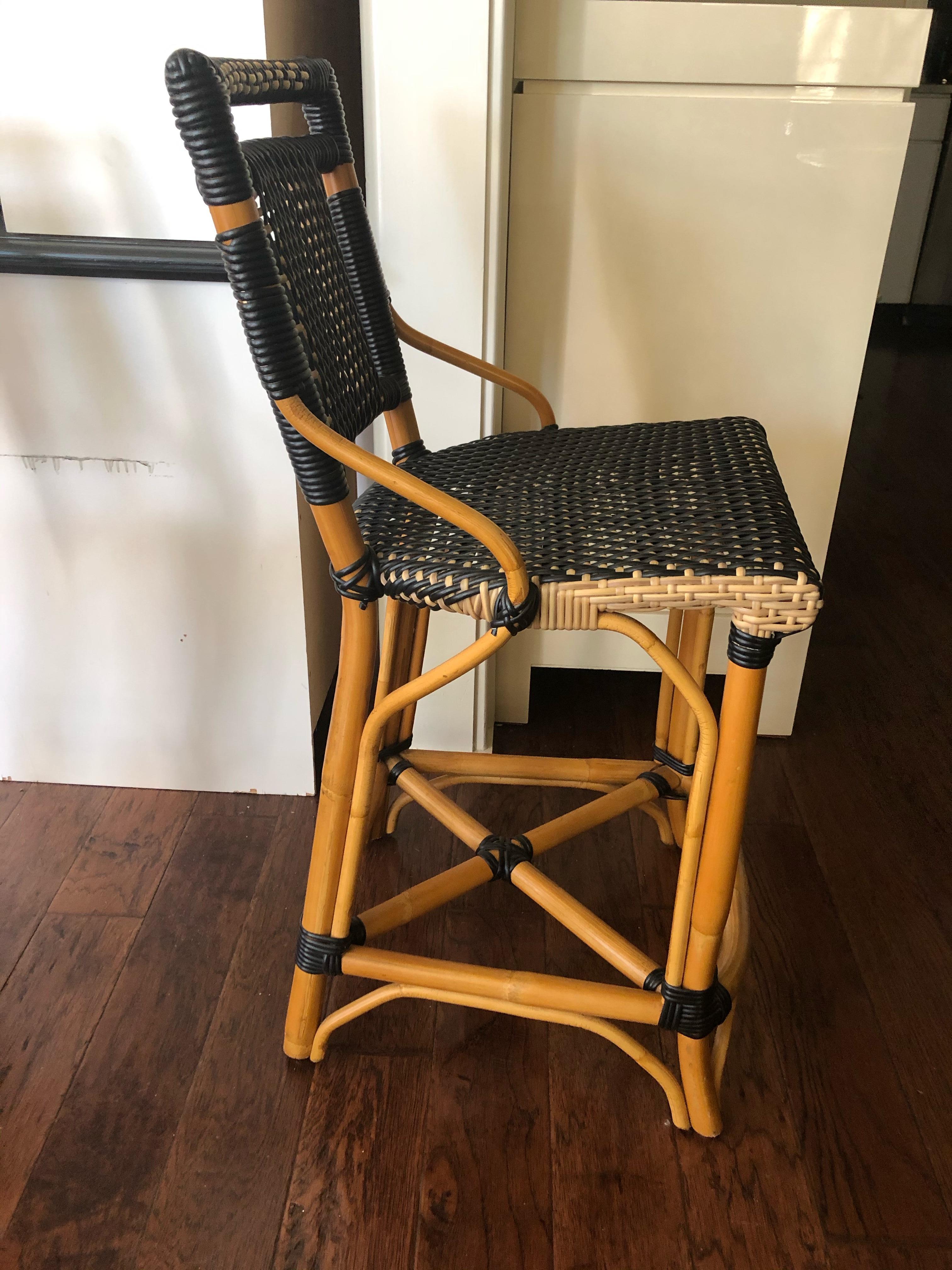 Contemporary Handsome Pair of Palecek Bistro Style Rattan & Wicker Counter Stools