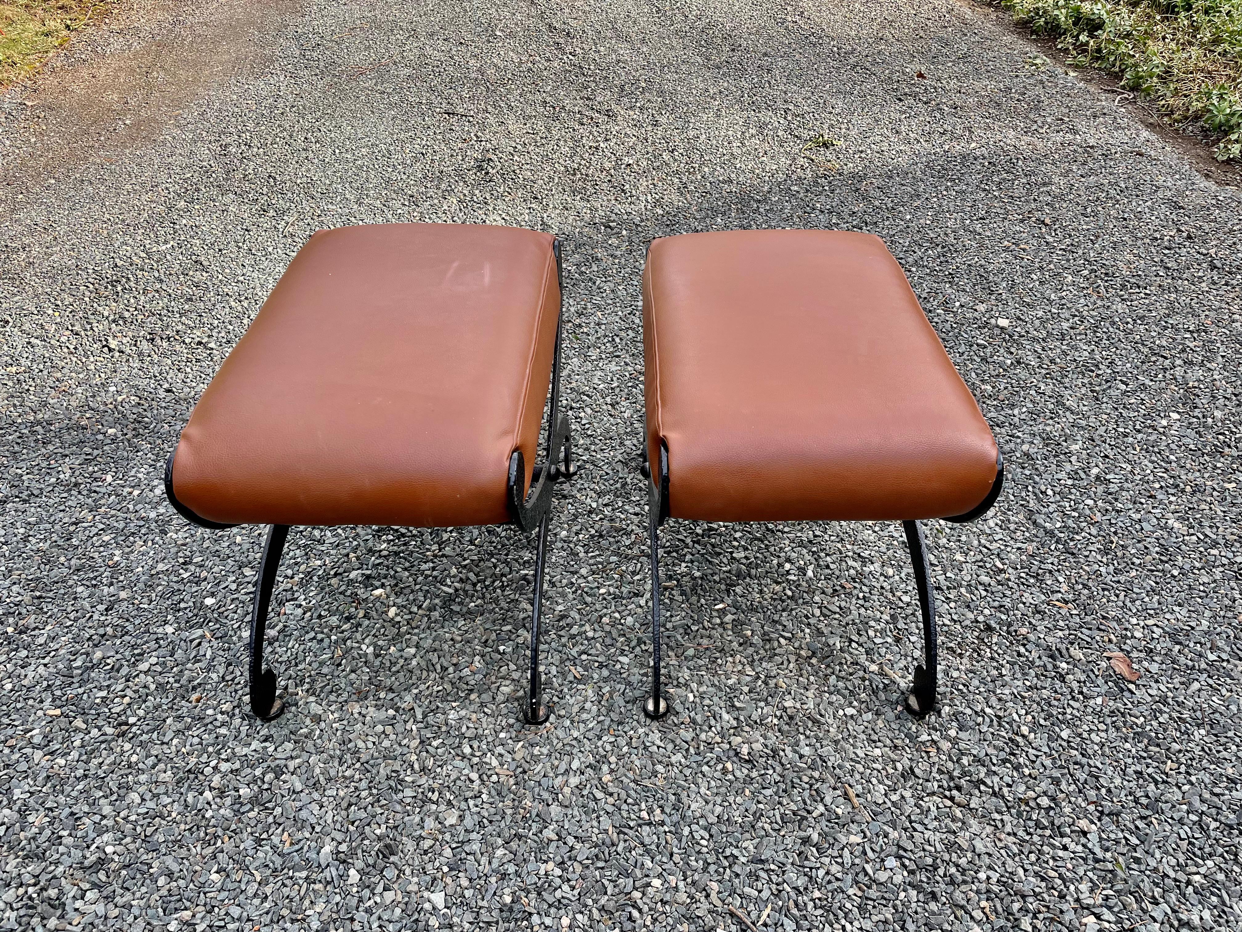 American Handsome Pair of Regency Style Wrought Iron & Leather Benches