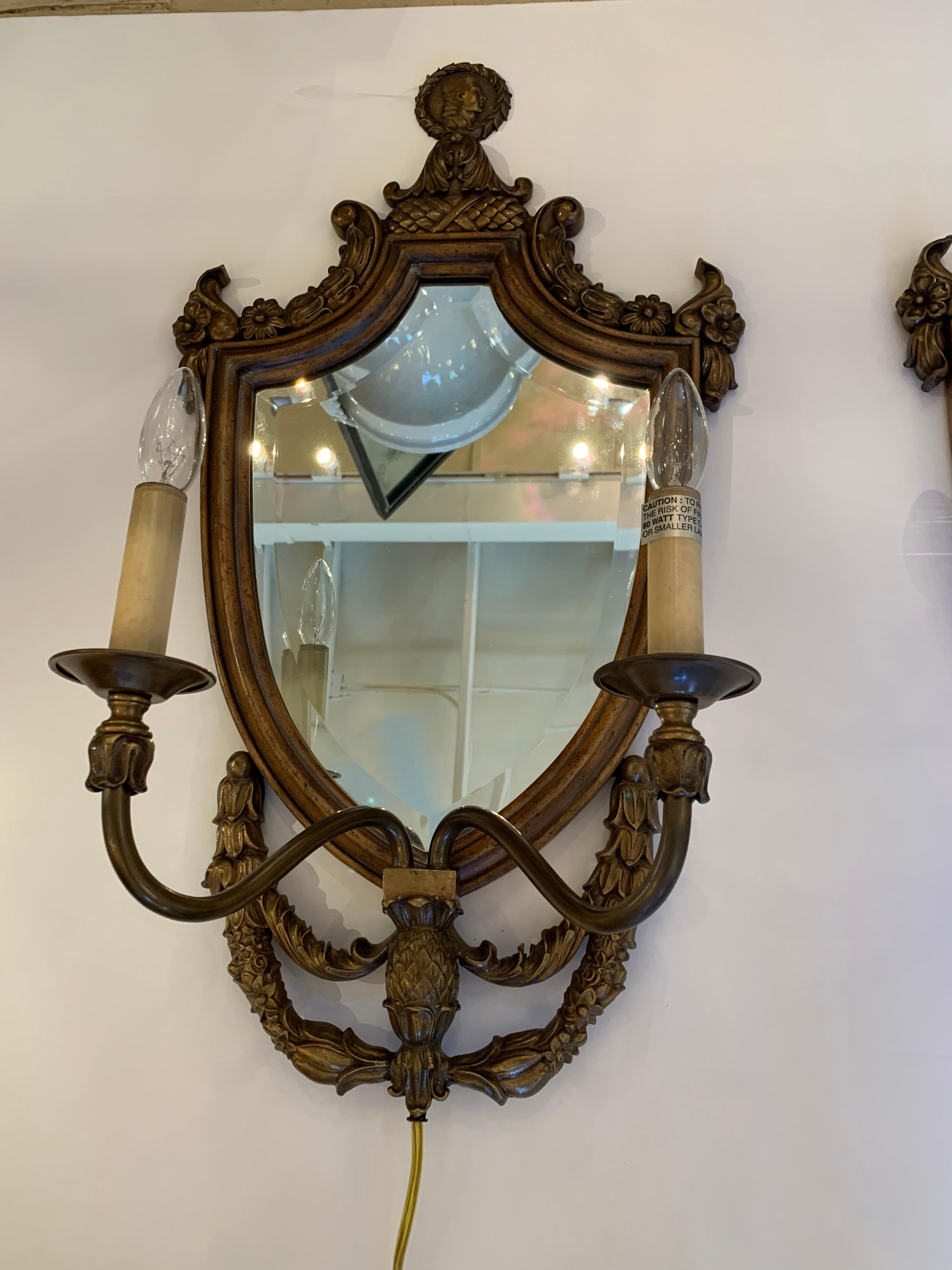 Handsome Pair of Shield Back Mirror Two-Arm Sconces by Maitland Smith In Excellent Condition For Sale In Hopewell, NJ