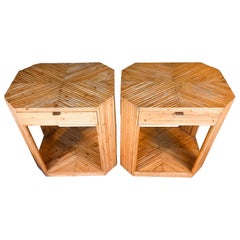 Vintage Bohemian Chevron Split-Reed Bamboo Nightstands End Tables