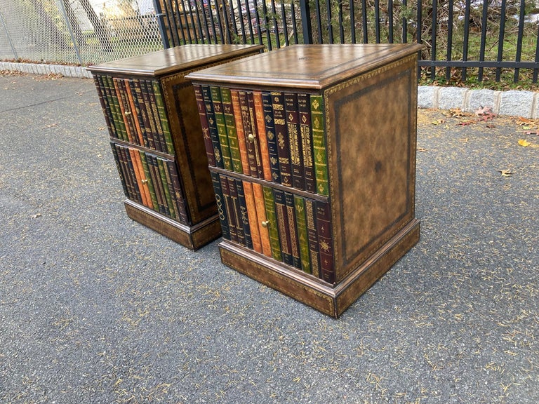 Handsome Pair of Square Leather Book Motife End Table Chests or Night