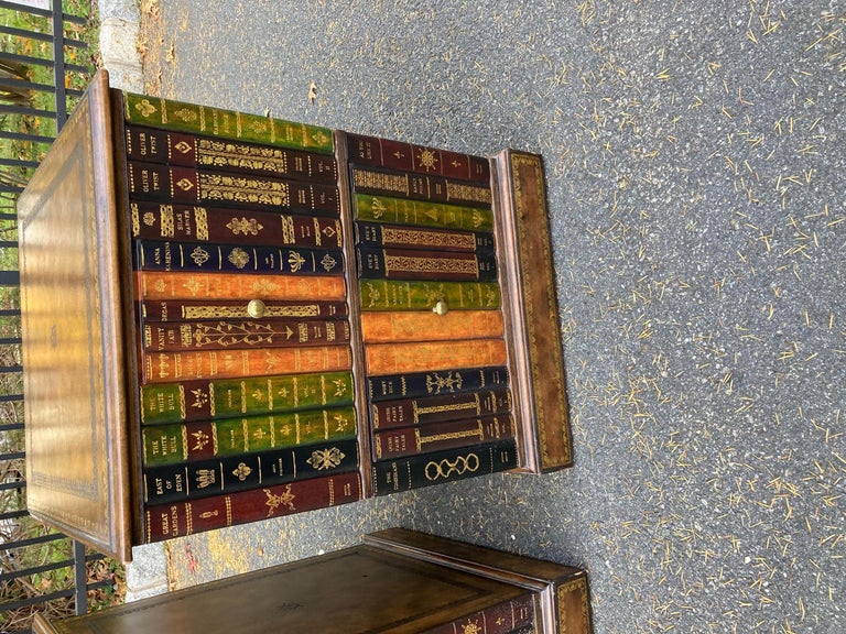 Handsome Pair of Square Leather Book Motife End Table Chests or Night