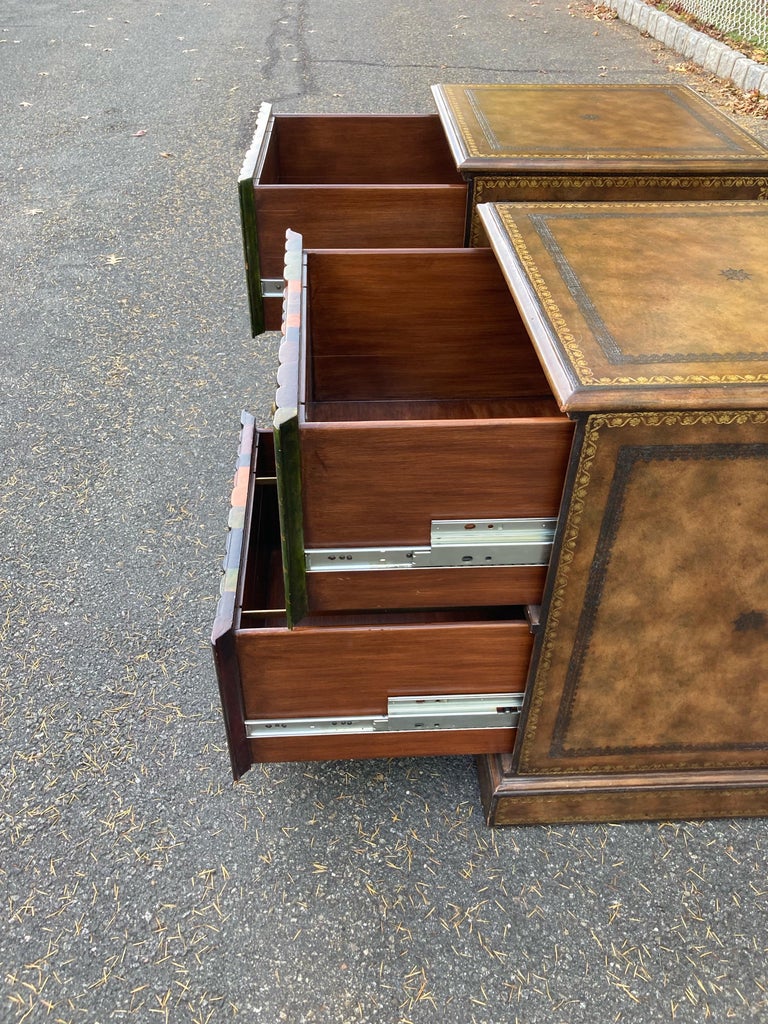 Handsome Pair of Square Leather Book Motife End Table Chests or Night