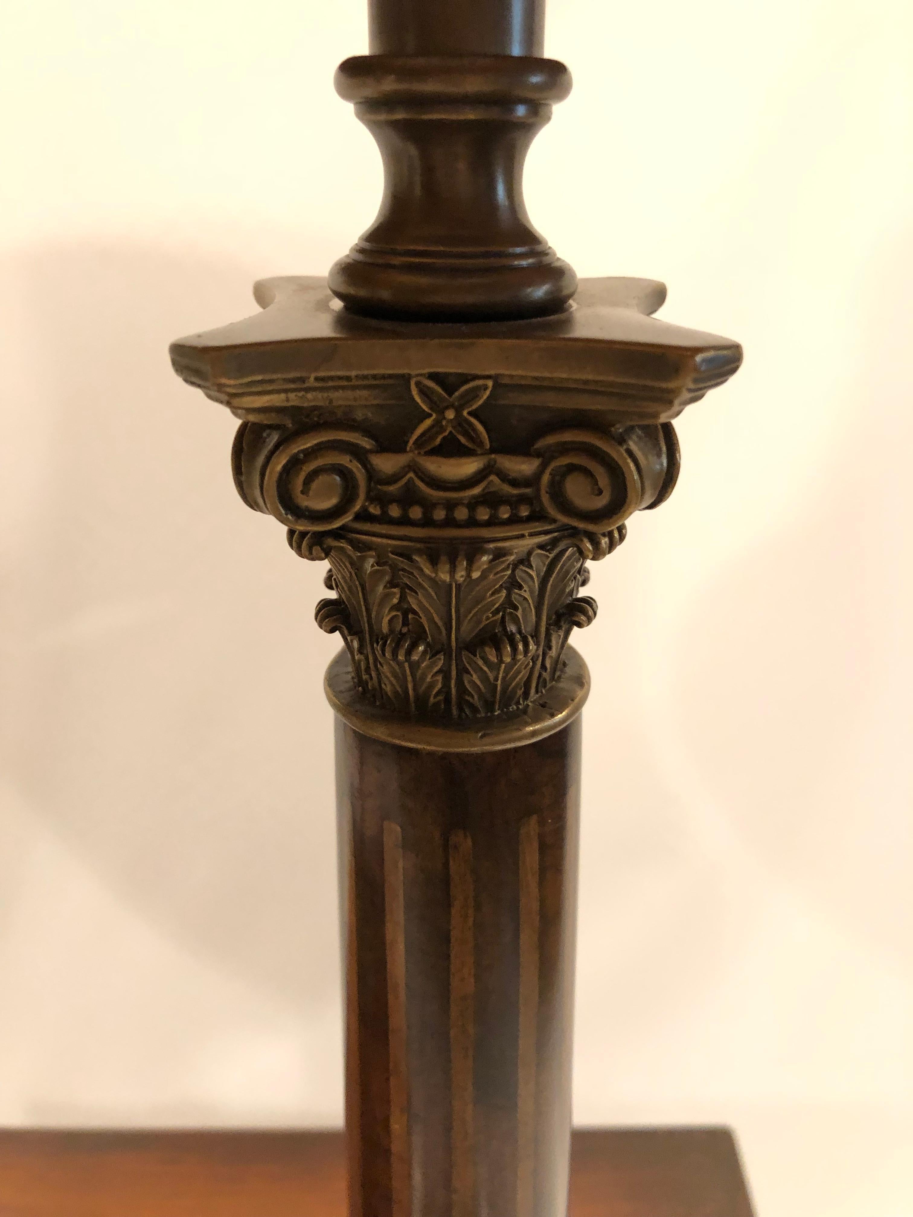 Neoclassical Handsome Pair of Theodore Alexander Burlwood Inlaid Column Table Lamps For Sale