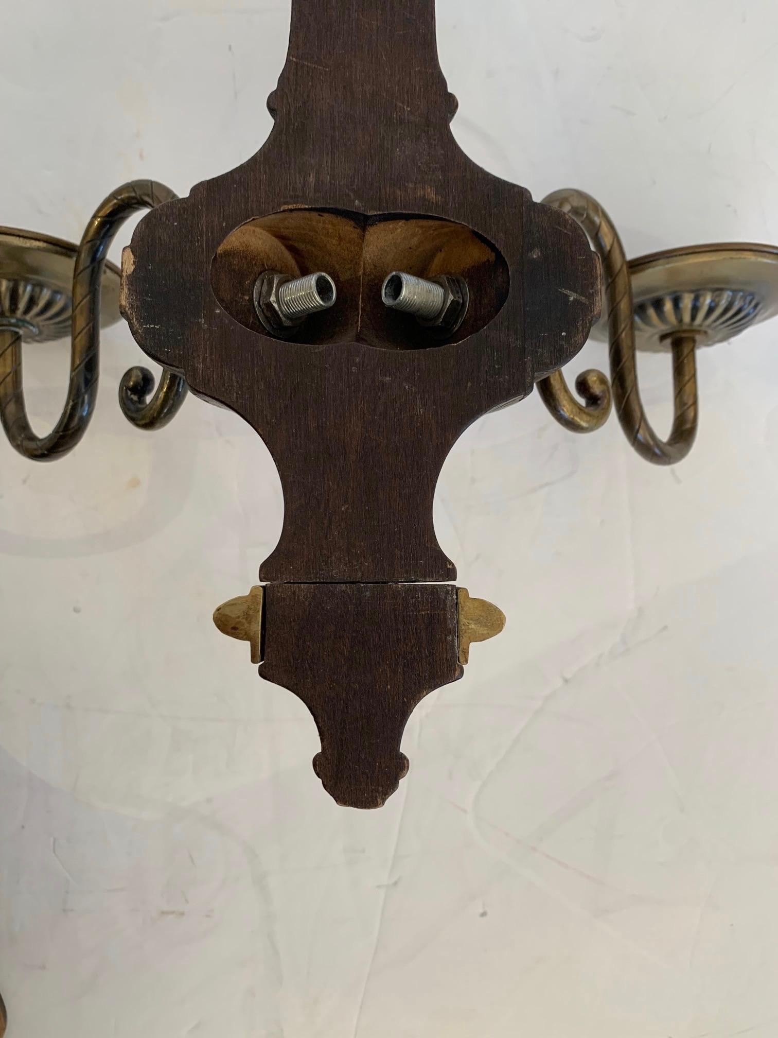 Handsome Pair of VIntage Mahogany & Brass Candle Sconces For Sale 5
