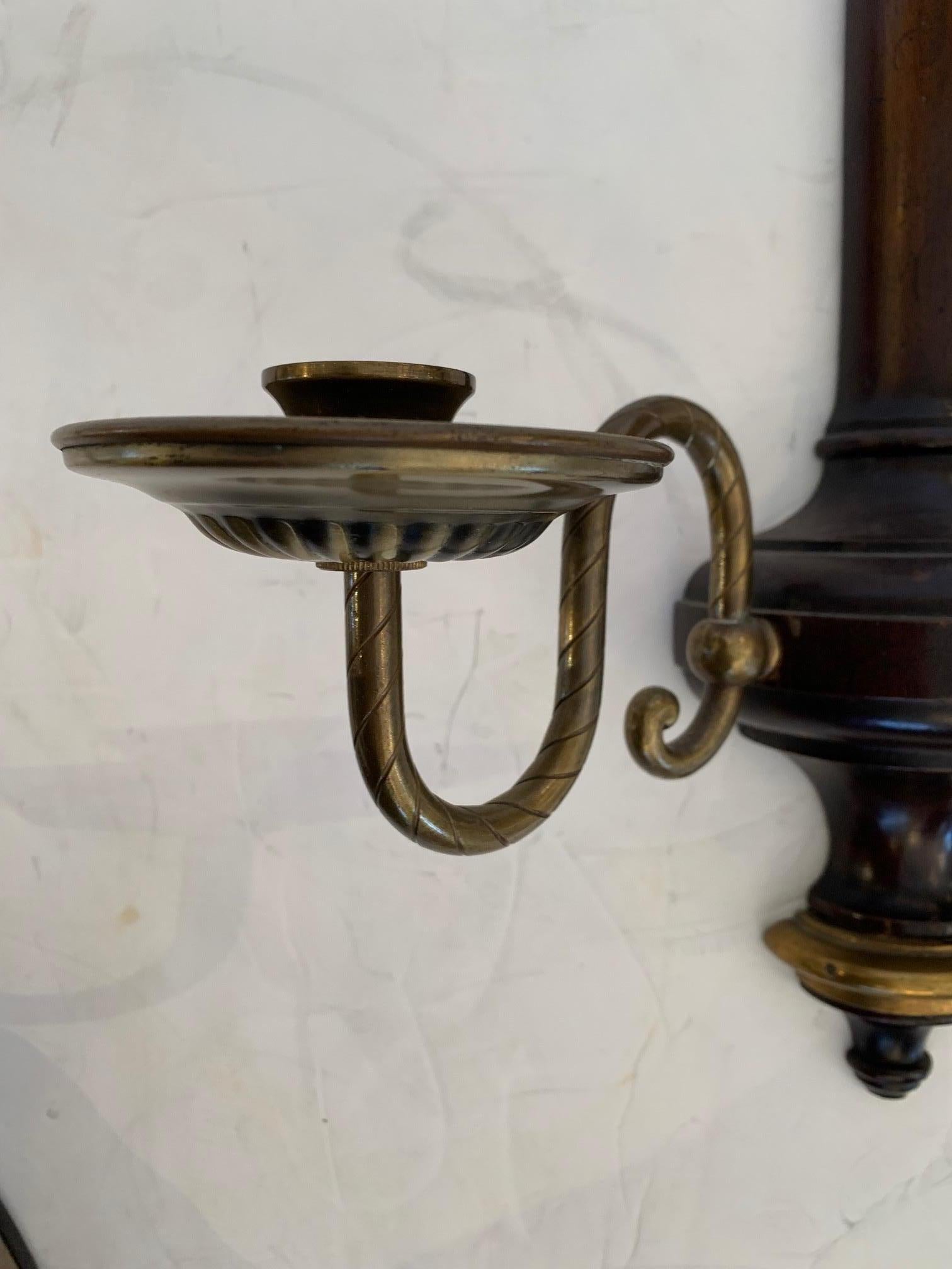Handsome Pair of VIntage Mahogany & Brass Candle Sconces For Sale 1