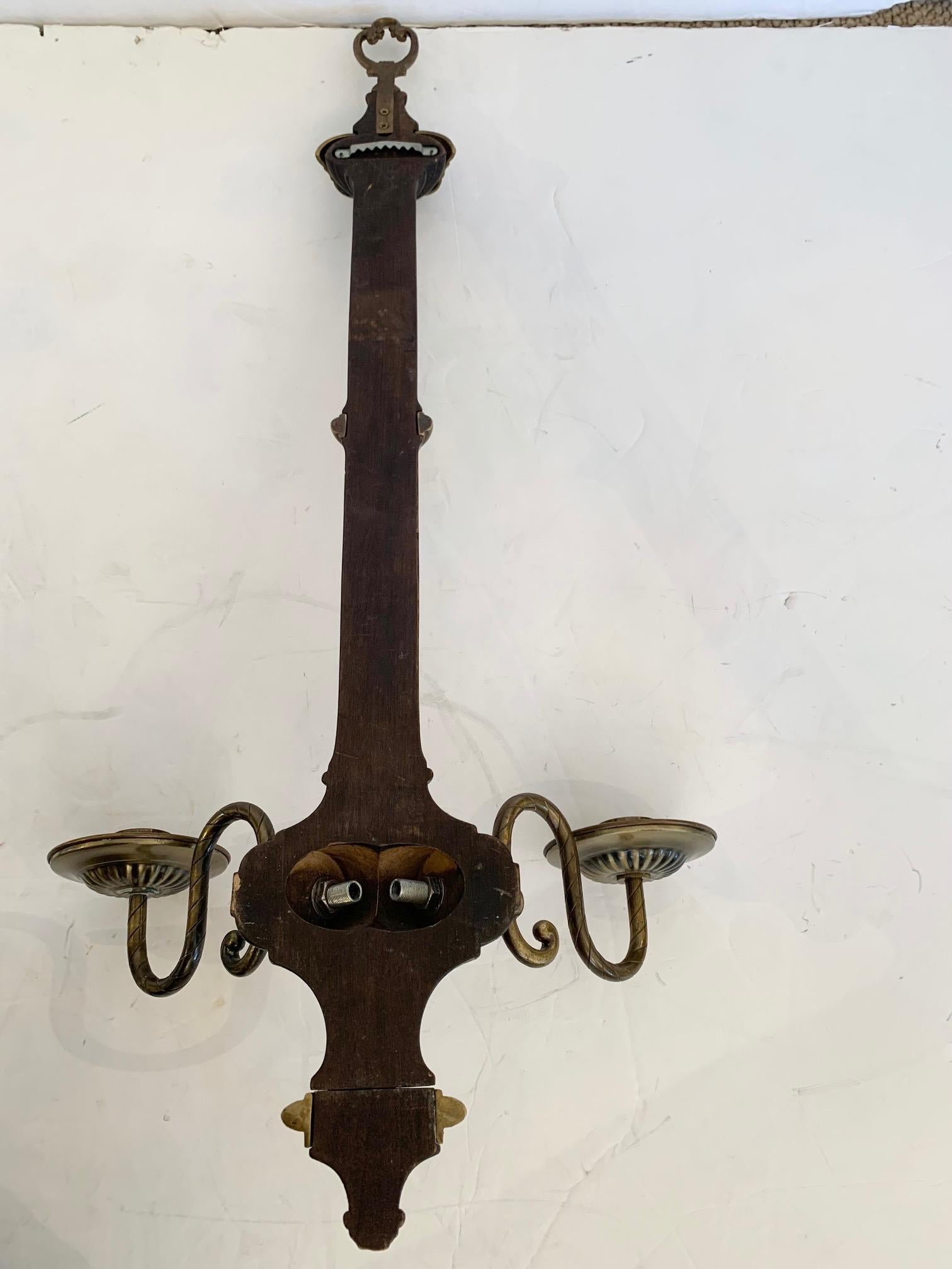 Handsome Pair of VIntage Mahogany & Brass Candle Sconces For Sale 2