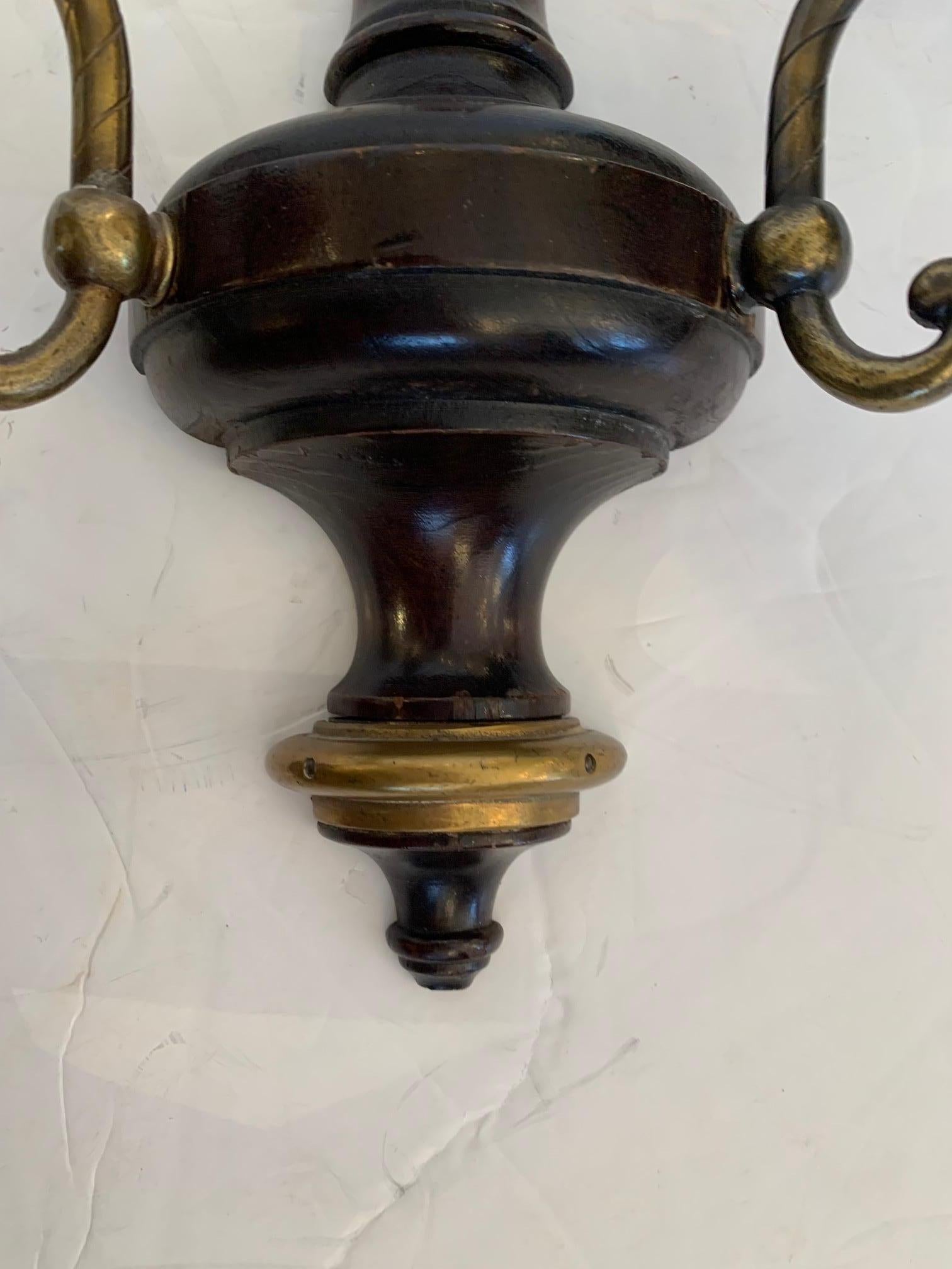 Handsome Pair of VIntage Mahogany & Brass Candle Sconces For Sale 4