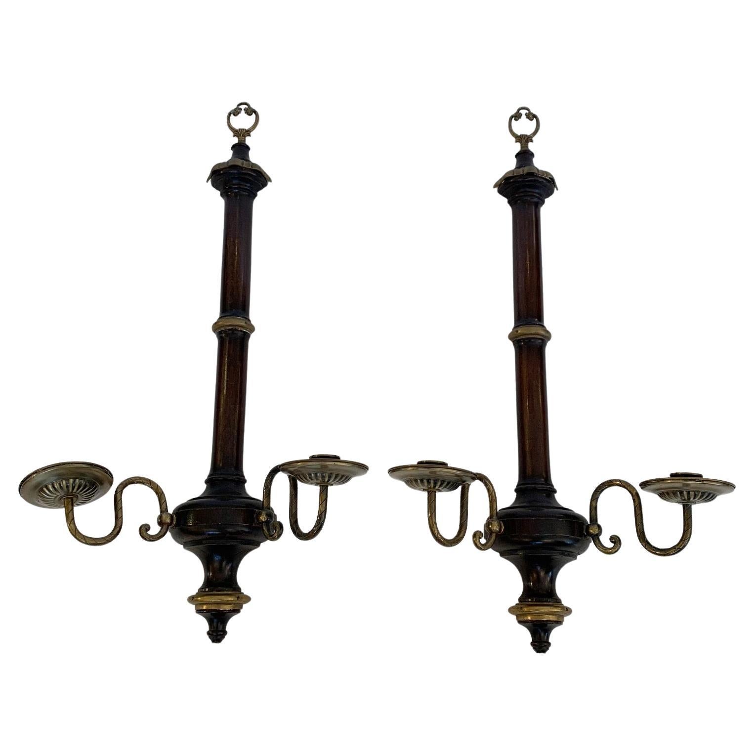 Handsome Pair of VIntage Mahogany & Brass Candle Sconces For Sale