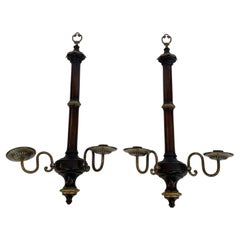 Handsome Pair of Vintage Mahogany & Brass Candle Sconces