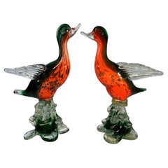 Handsome Pair of Vintage Venetian Glass Birds, Murano Hand Blown circa 1960s