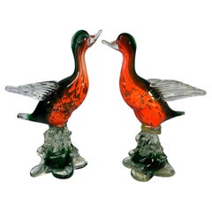 Handsome Pair of Vintage Venetian Glass Birds, Murano Hand Blown circa 1960s