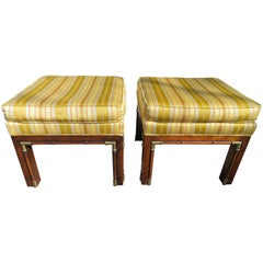 Handsome Pair of Walnut Brass Campaign Stool Ottoman Bench Mid-Century Modern