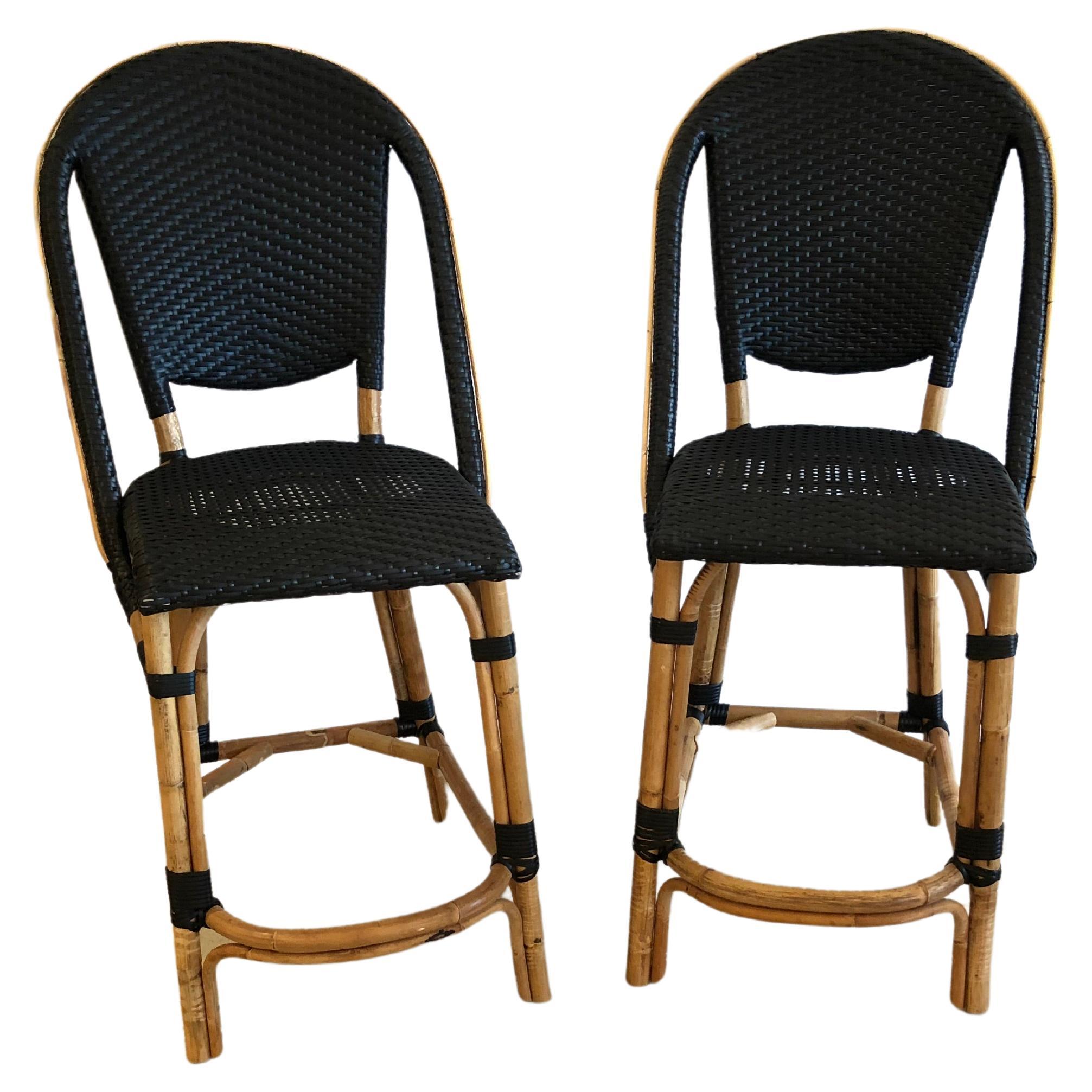 Handsome Pair or Set of 4 Rattan Black and Tan Counter Stools For Sale