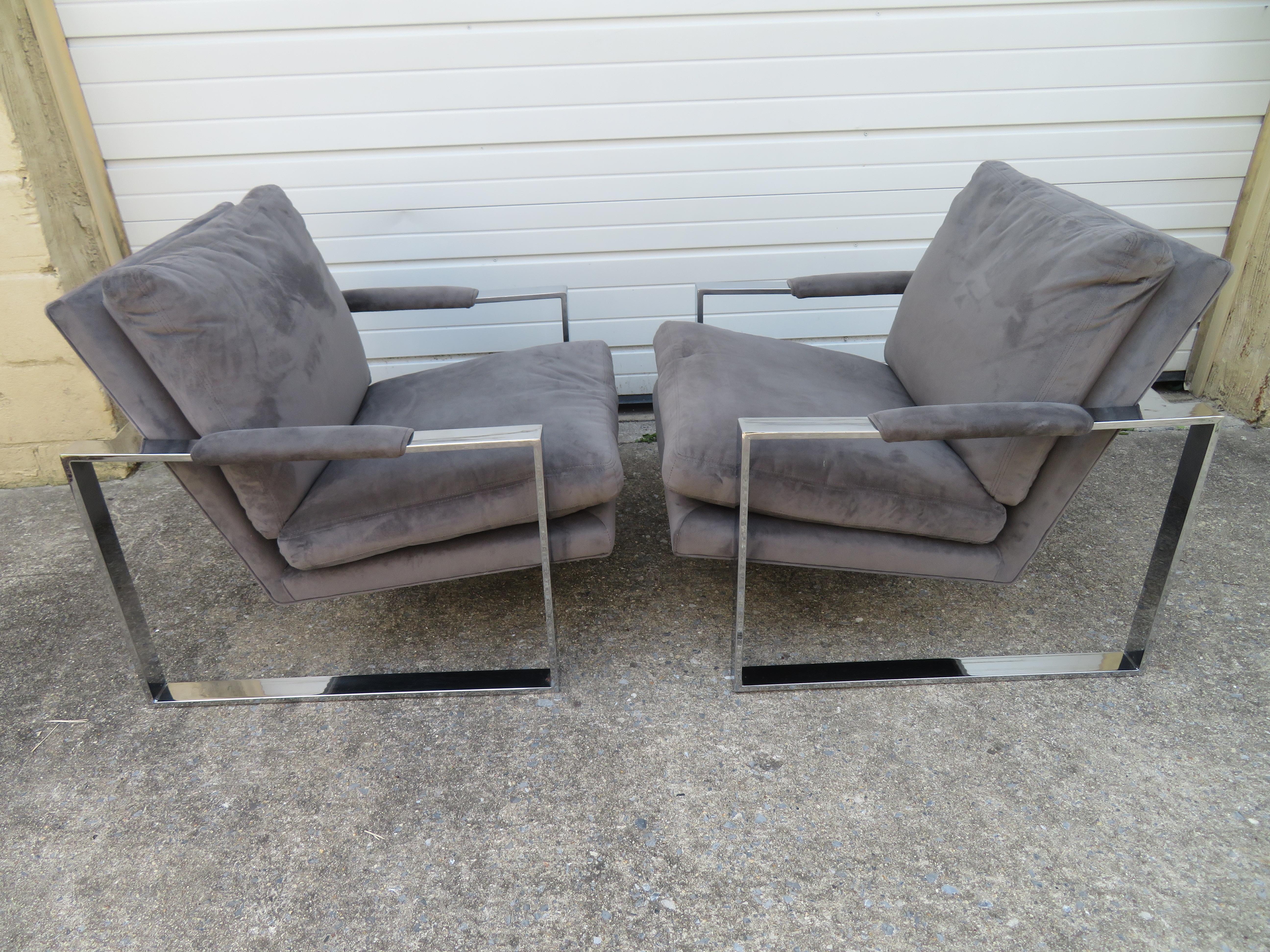 Handsome Pair Signed Milo Baughman Thick Chrome Cube Lounge Chairs Midcentury For Sale 10