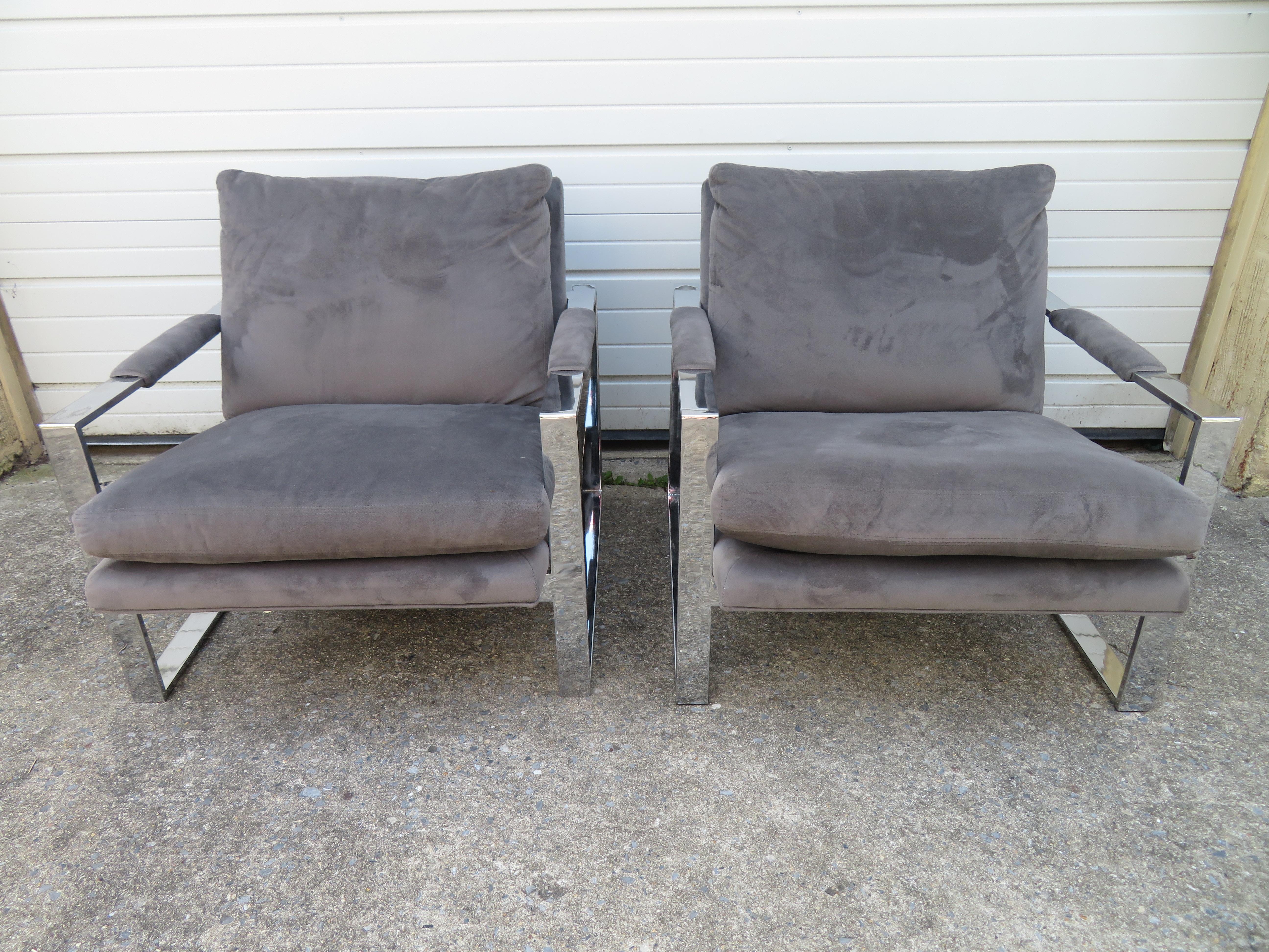 Handsome pair of signed Milo Baughman thick chrome cube lounge chairs. This pair retain their original grey velveteen fabric in nice vintage condition. The fabric has light signs of age but really looks quite good for being vintage-see photos. As