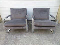 Handsome Pair Signed Milo Baughman Thick Chrome Cube Lounge Chairs Midcentury