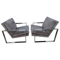Handsome Pair Signed Milo Baughman Thick Chrome Cube Lounge Chairs Midcentury