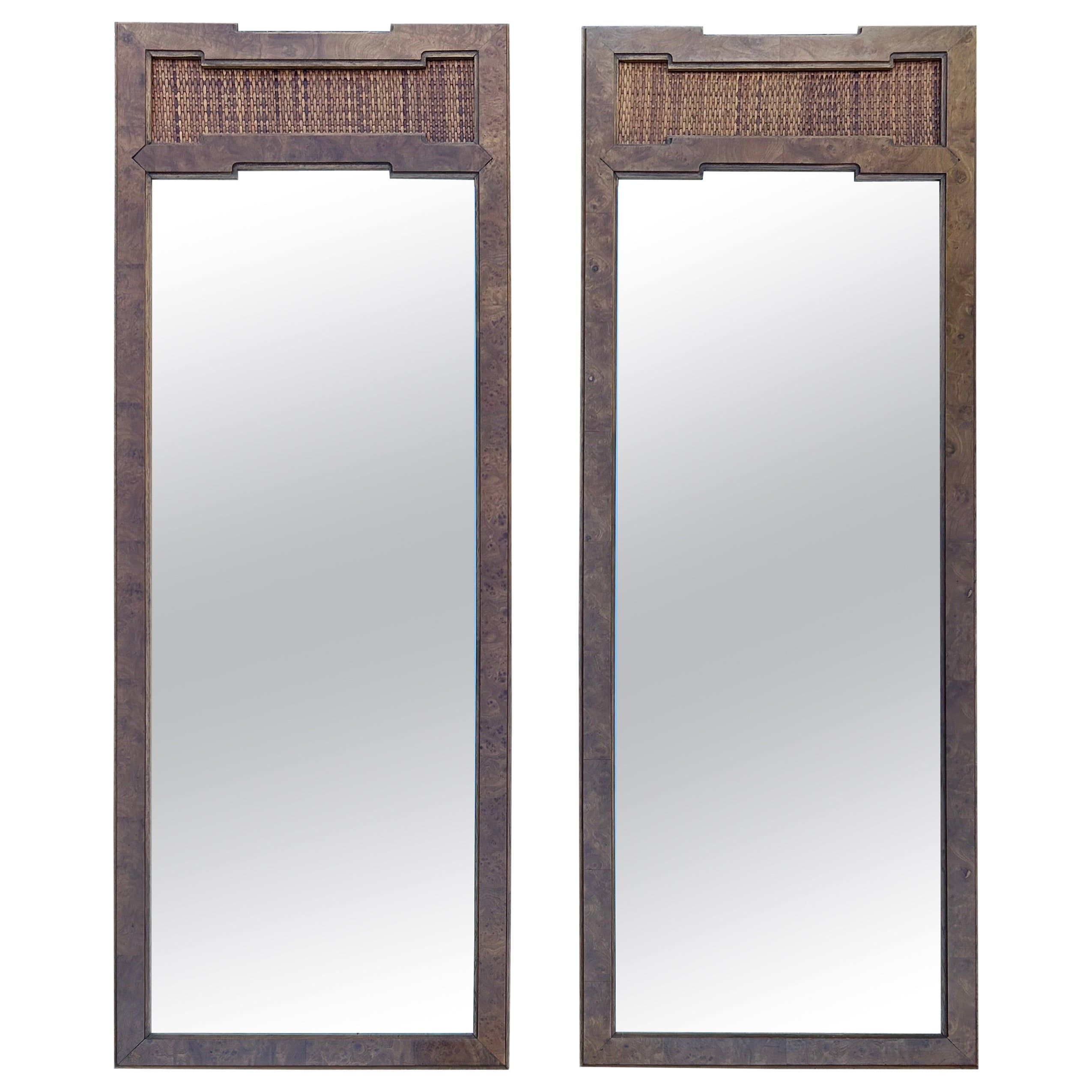 Handsome Pair Thomasville Burl Wood Cane Tall Mirrors Mid-century Modern