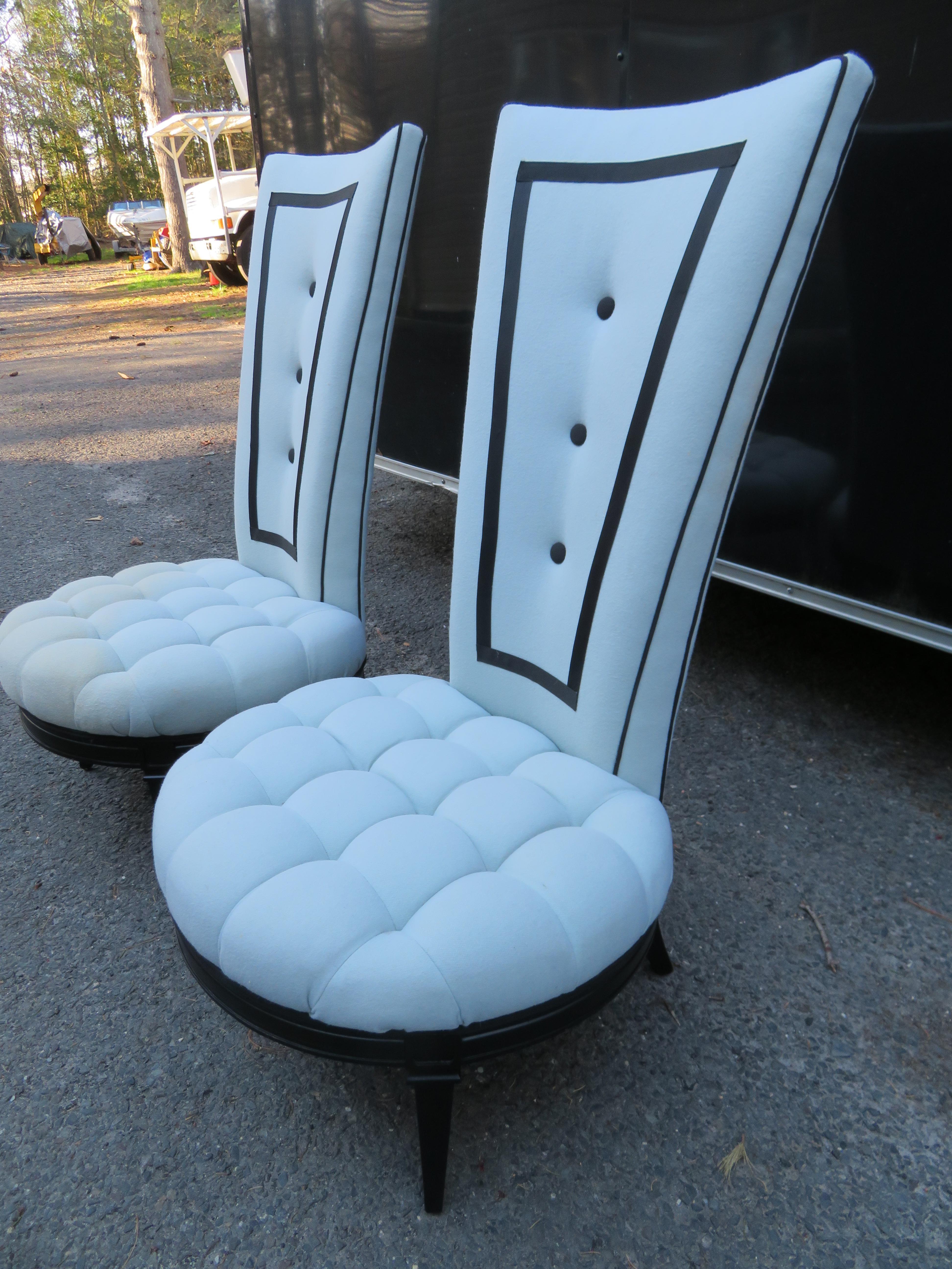 Handsome Pair Tuxedo Style Tall Back Tufted Slipper Chairs Hollywood Regency For Sale 3