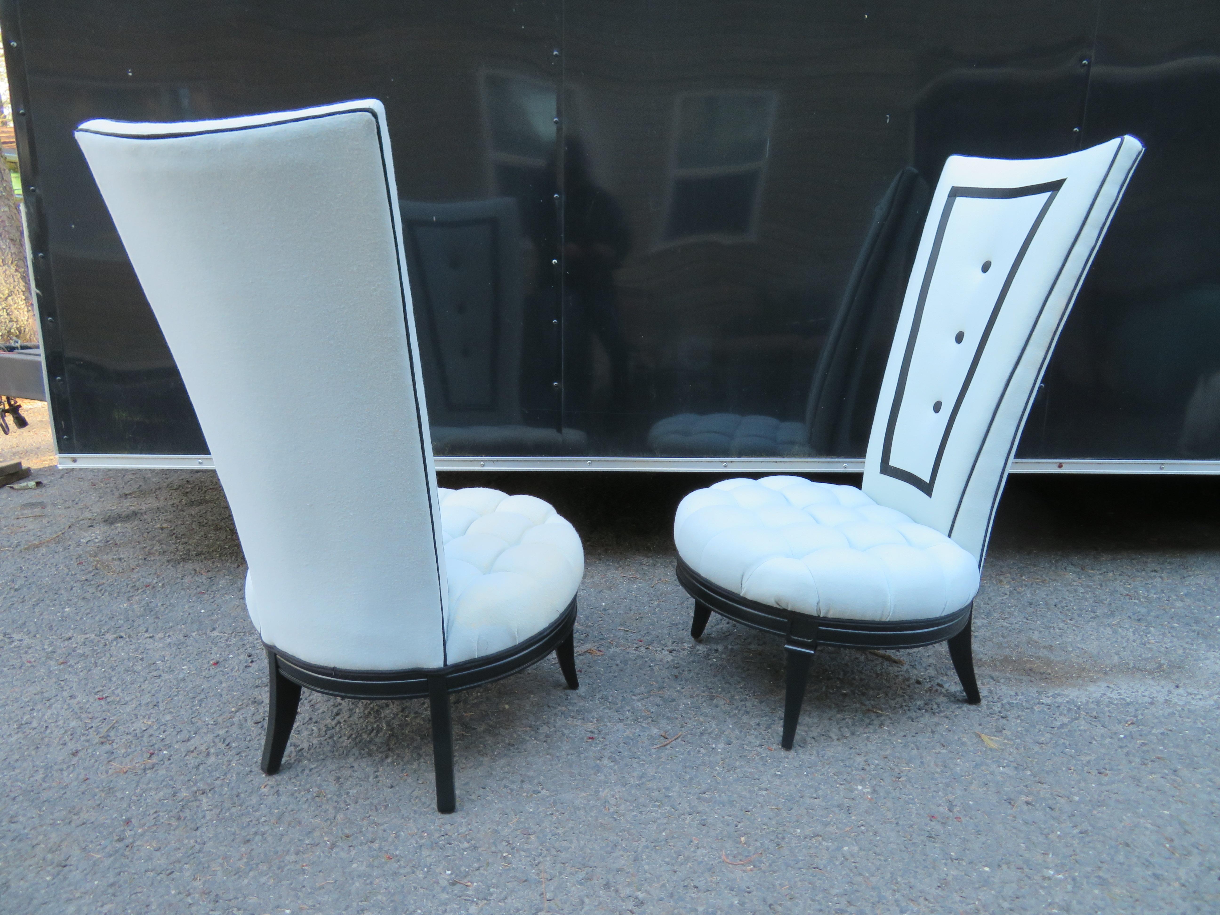 Handsome Pair Tuxedo Style Tall Back Tufted Slipper Chairs Hollywood Regency For Sale 7